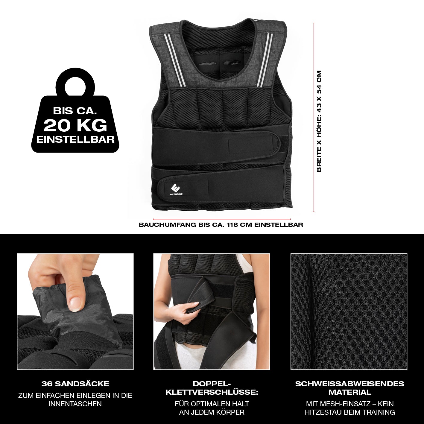 Gewichtsweste - 20 kg mit 36 herausnehmbaren Gewichten, verstellbarem Doppel-Klettverschluss und schweißabweisendem Mesh-Material, bis ca. 20 kg.