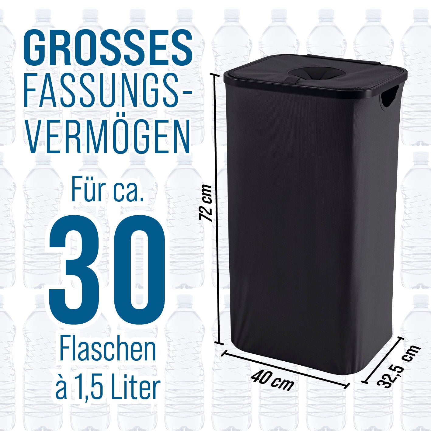 Pfandflaschen-Sammelbehälter - Schwarz, 100 l Fassungsvermögen für ca. 30 Flaschen à 1,5 Liter, kompakt und wasserabweisend.