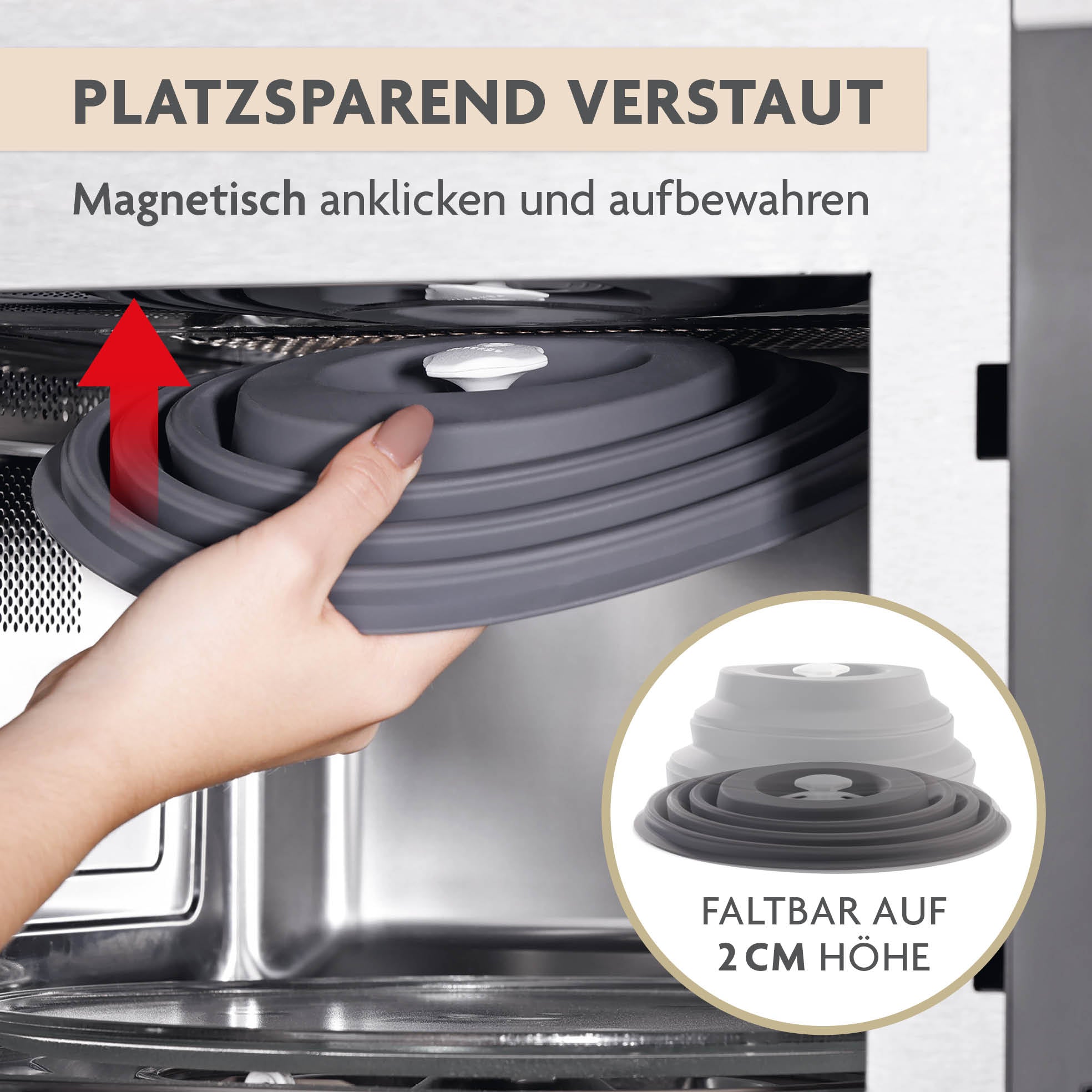 Faltbare Mikrowellenhaube mit Magnet platzsparend zusammenklappbar und magnetisch an der Mikrowelle befestigbar für einfache Aufbewahrung.