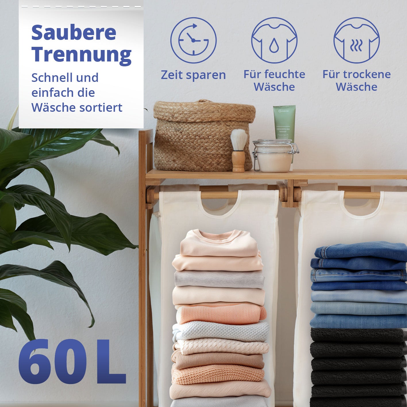 Bambus Wäschekorb mit 2 ausziehbaren Wäschesacken - 73 x 64 x 33 cm - Weiß