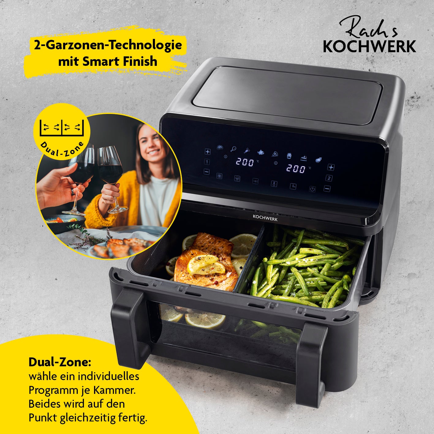 Heißluft-Fritteuse Vario-Doppelkammer 9l mit Dual-Zone für gleichzeitiges Garen verschiedener Speisen und 8 One-Touch-Programmen.