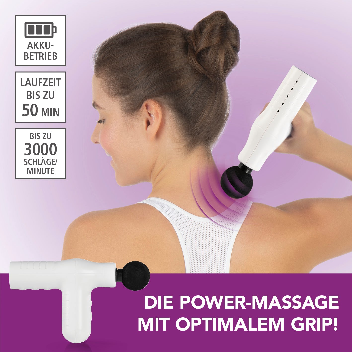 Mini Massage Gun Smart Grip - Weiß wird auf Schulter angewendet, kraftvoll mit bis zu 50 Min Akku-Laufzeit und 3000 Schlägen/Minute.