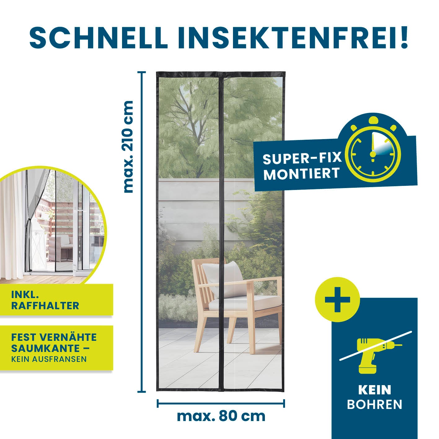 Insektenschutzvorhang - mit XXL-Magnetbändern - 80 x 210 cm, luftdurchlässig, selbstklebend, kein Bohren, schützt vor Insekten.
