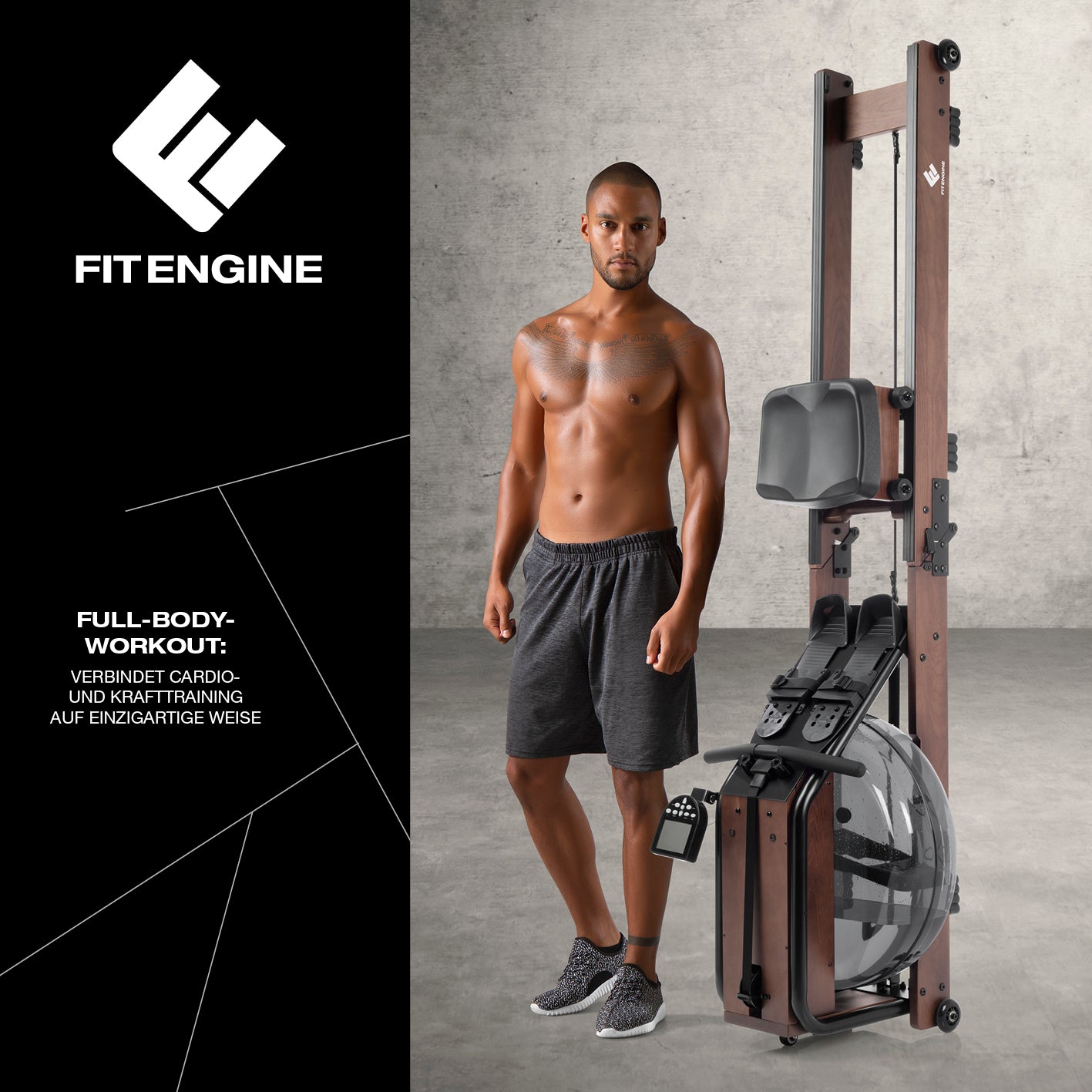 Klappbares Wasser-Rudergerät 2.0 - Dark Brown aus Eschenholz mit Kinomap-Kompatibilität für effizientes Home-Gym-Training.