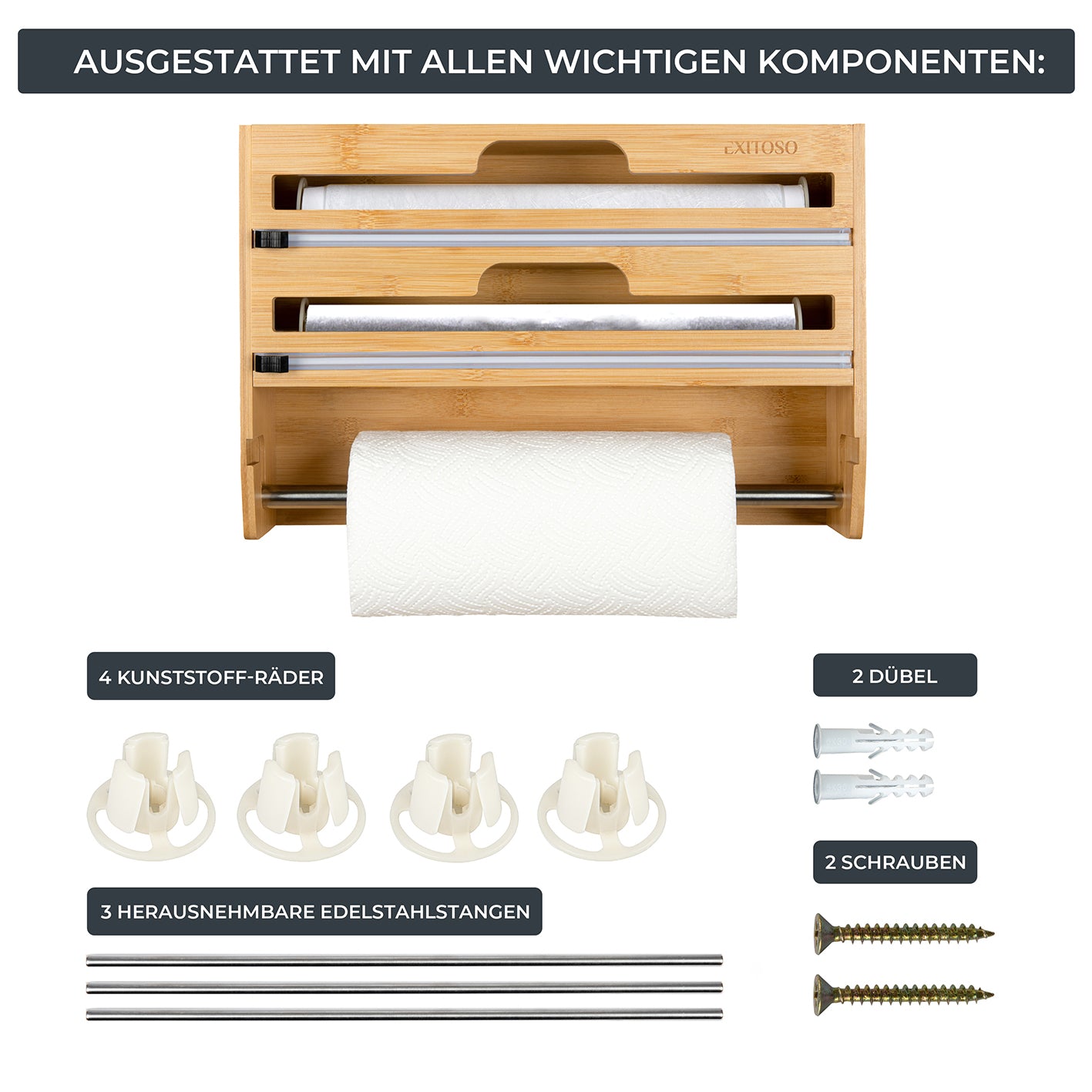 3 in 1 Folienschneider + Wandrollenhalter + Frischhaltefolienspender mit Montagezubehör für einfache Wandbefestigung ohne Bohren.