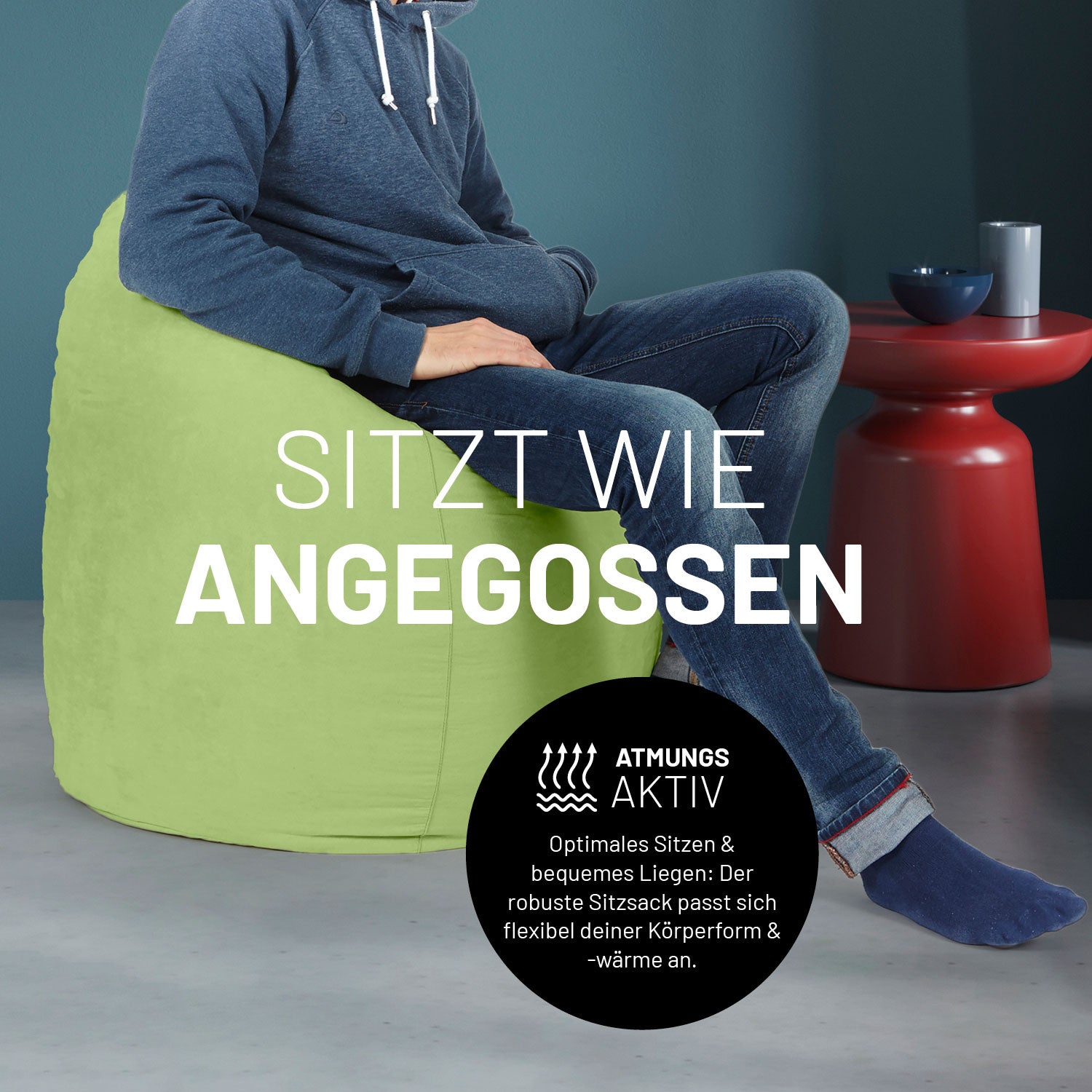 Luxury XL PLUS Sitzsack (220 L) - indoor - Grün, ergonomisch, atmungsaktiv, passt sich flexibel jeder Sitzposition an.