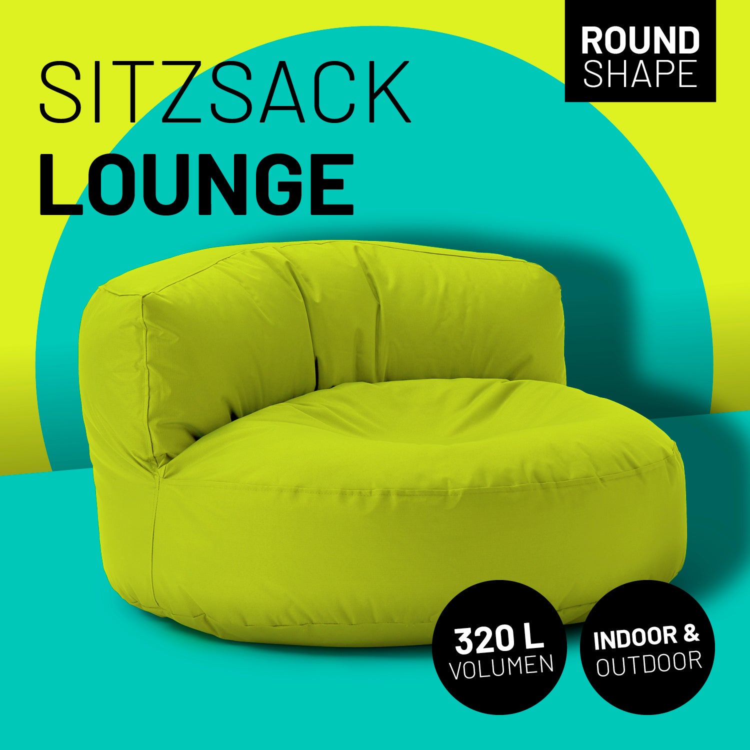 Sitzsack Lounge (320 L) Apfelgrün, rund, indoor & outdoor, langlebig, leicht, pflegeleicht mit verdecktem Reißverschluss.