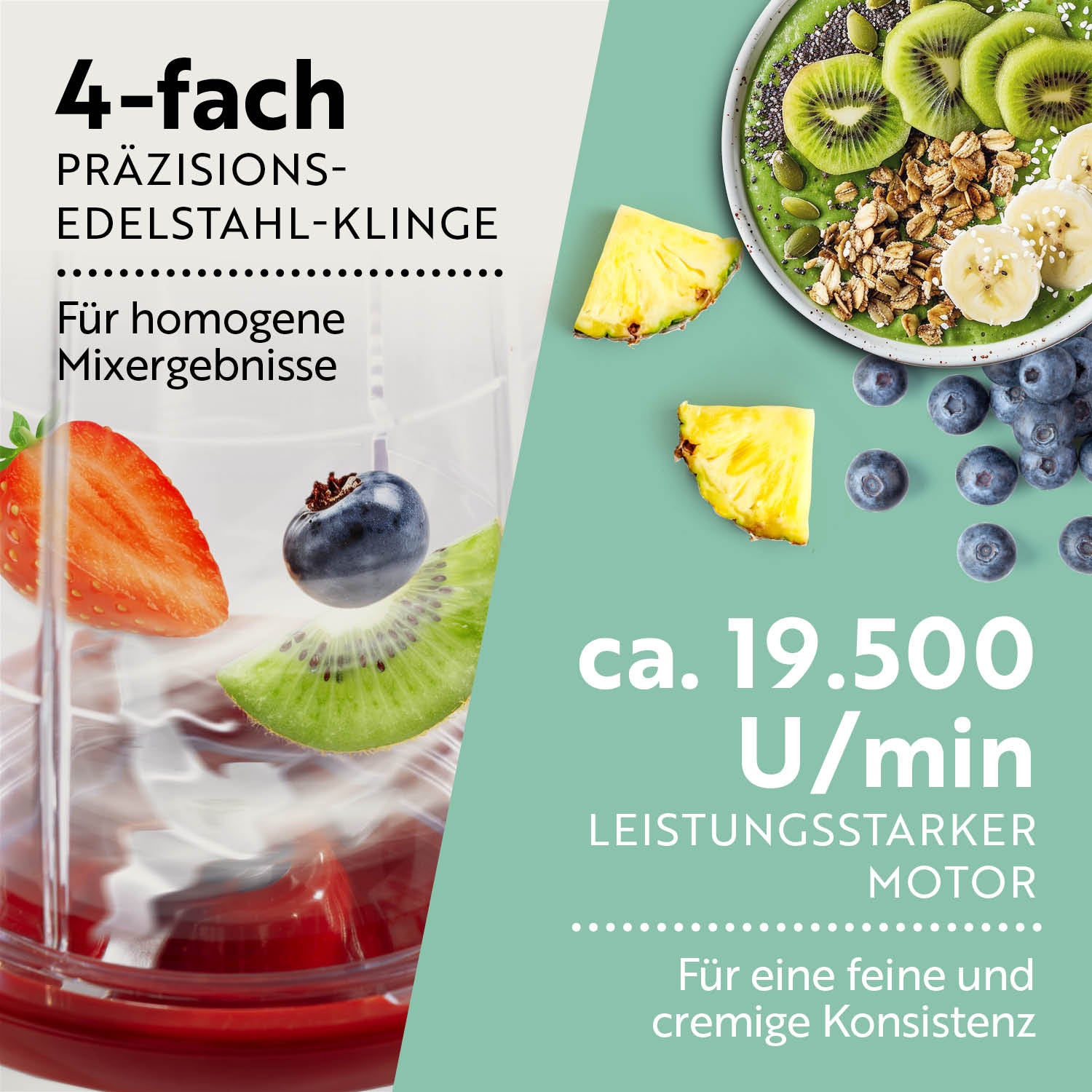 Mr. Magic Mixer - Weiß/Rot mit 4-fach Präzisions-Edelstahl-Klinge und 19.500 U/min für feine, cremige Mixergebnisse.