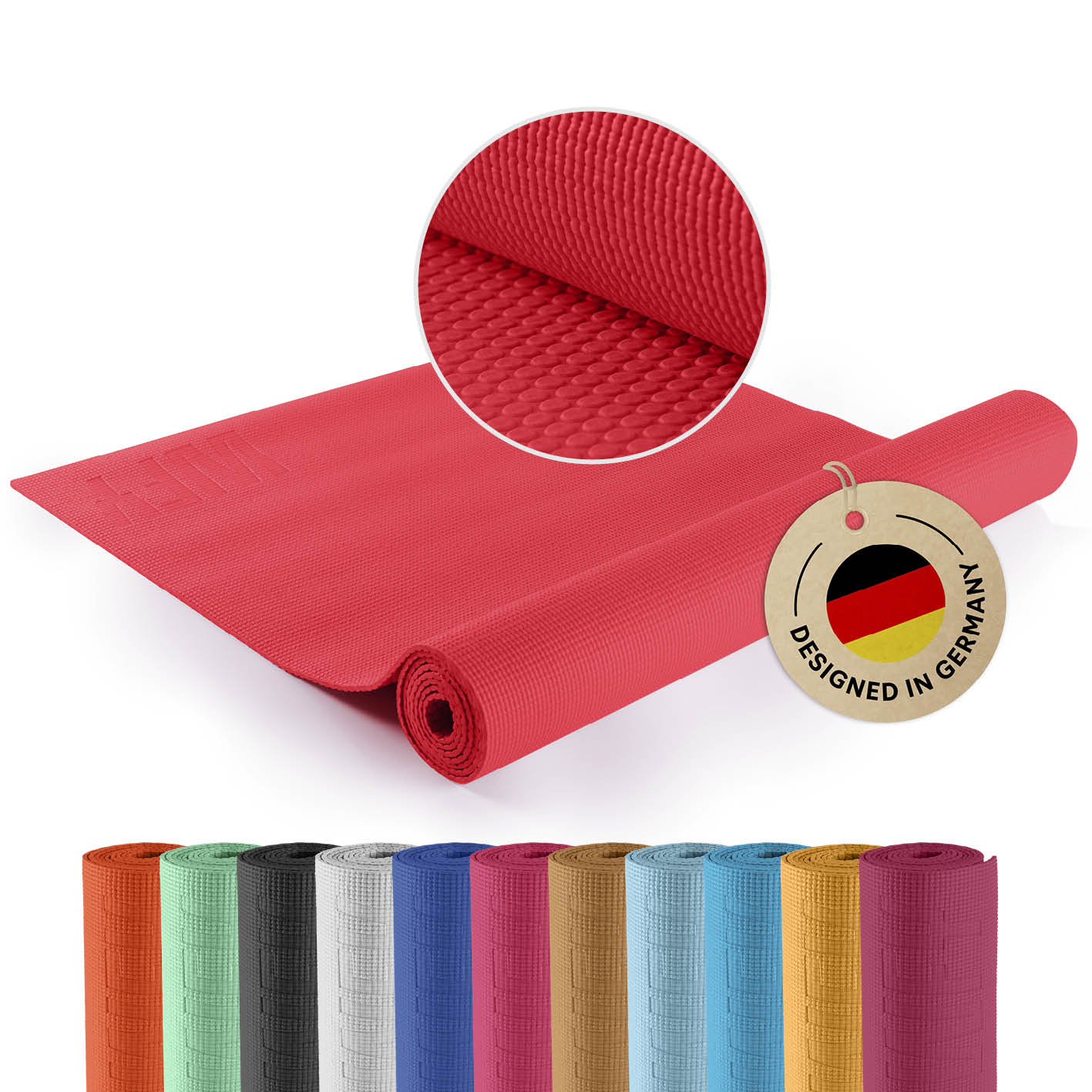 Yogamatte Kirana - 183 x 61 x 0,4 cm - Himbeerrot, weich, rutschfest und langlebig für Pilates und Fitnessübungen.