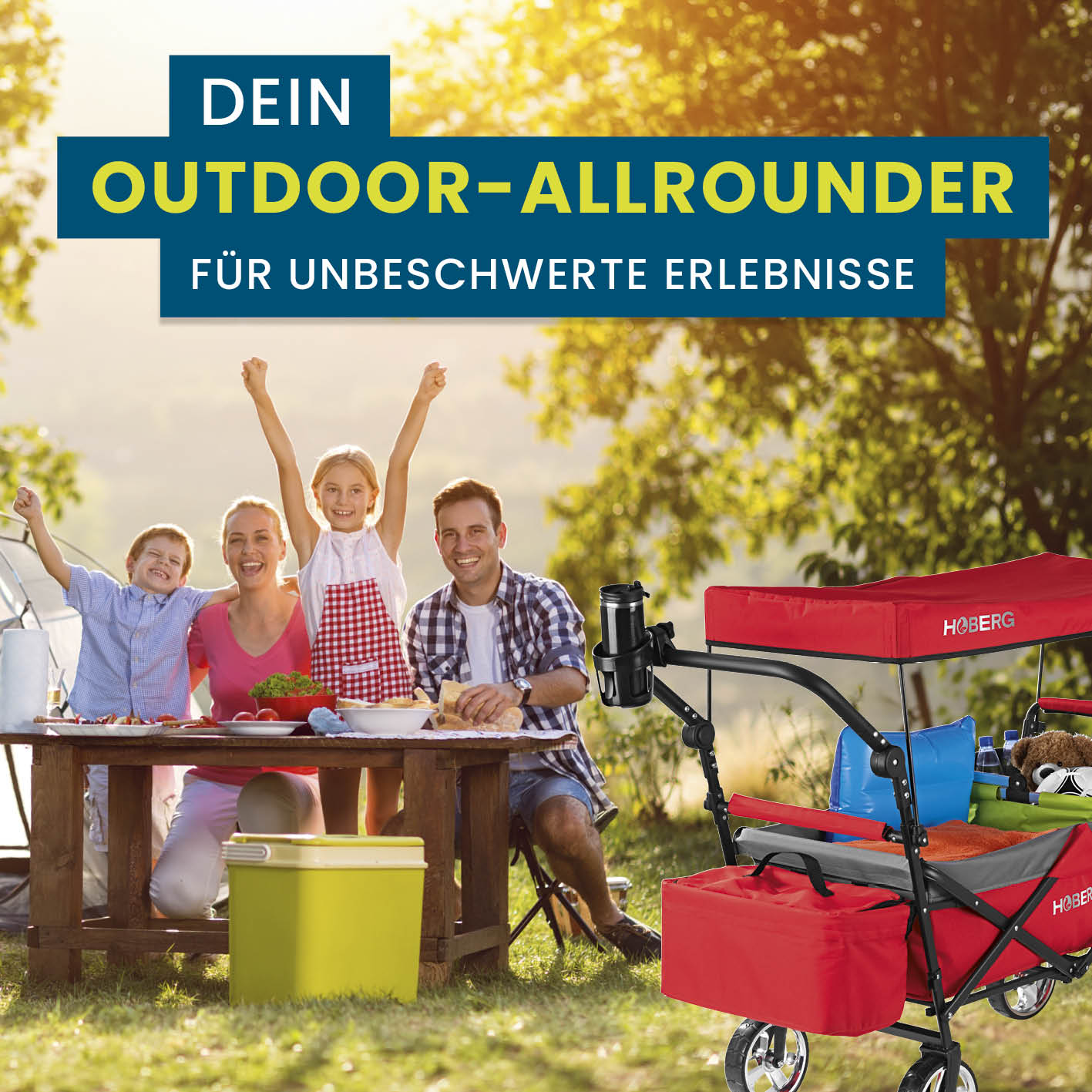Faltbarer Bollerwagen - Rot von HOBERG mit praktischem Dach, Kühlfach und robustem Nylonbezug für Ausflüge und Outdoor-Aktivitäten.