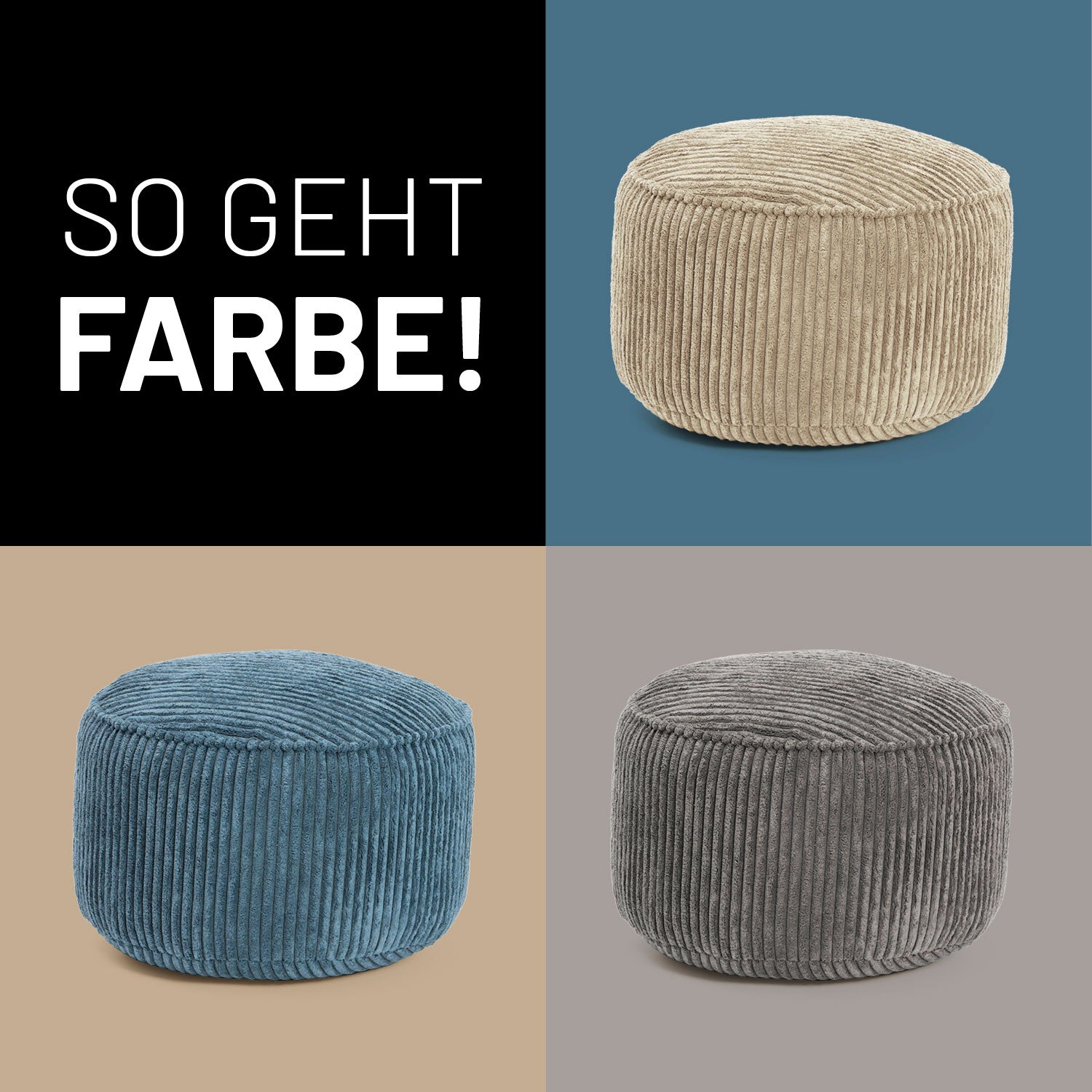 Sitzsack Pouf aus der Cord-Reihe - Beige mit geripptem Stoff, vielseitig als Hocker, Schemel oder Ablage im modernen Design.