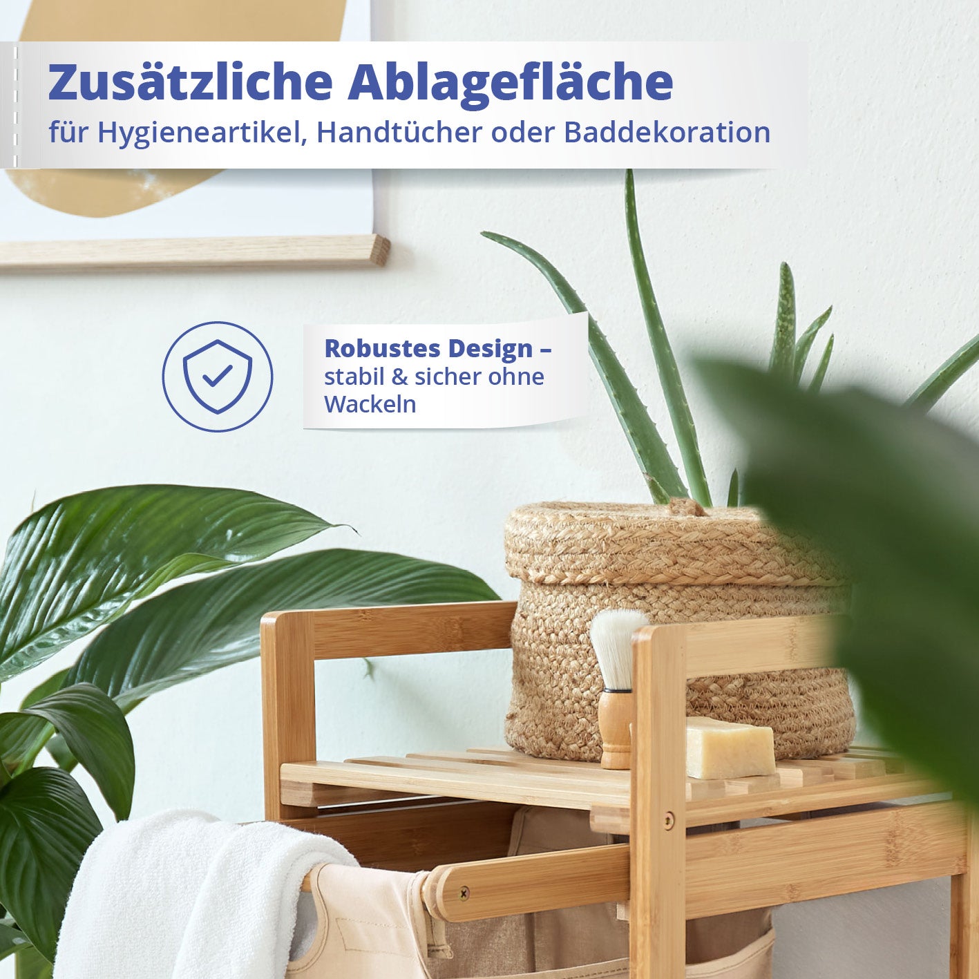 Bambus Wäschekorb mit ausziehbarem Wäschesack - 33 x 33 x 73 cm - Beige mit zusätzlicher Ablagefläche für Handtücher und Hygieneartikel.