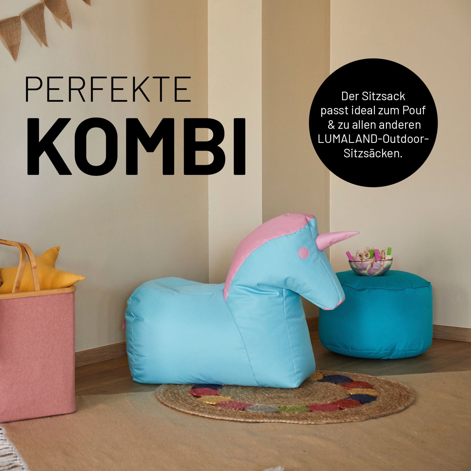 Kindersitzsack Animal Line Einhorn (120 L) in Pastell Pink/Stahlgrau, weich, wasserabweisend, ideal für Indoor & Outdoor.