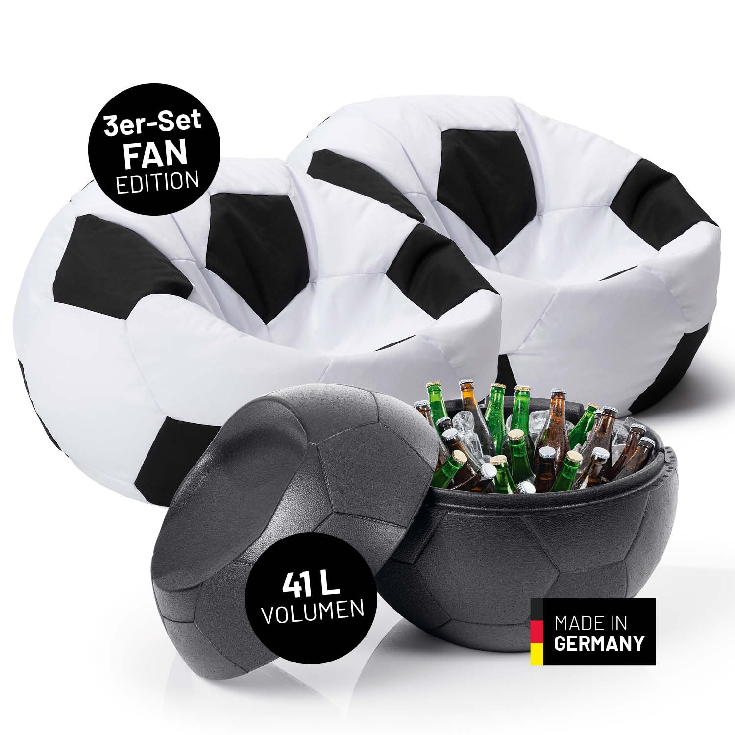 EM 2024 Fan-Lounge 2 + 1 mit 2 XXL-Fußball-Sitzsäcken und Fußball-Kühlbox, ideal für EM 2024 Fans und gemütliches Fan-Erlebnis.