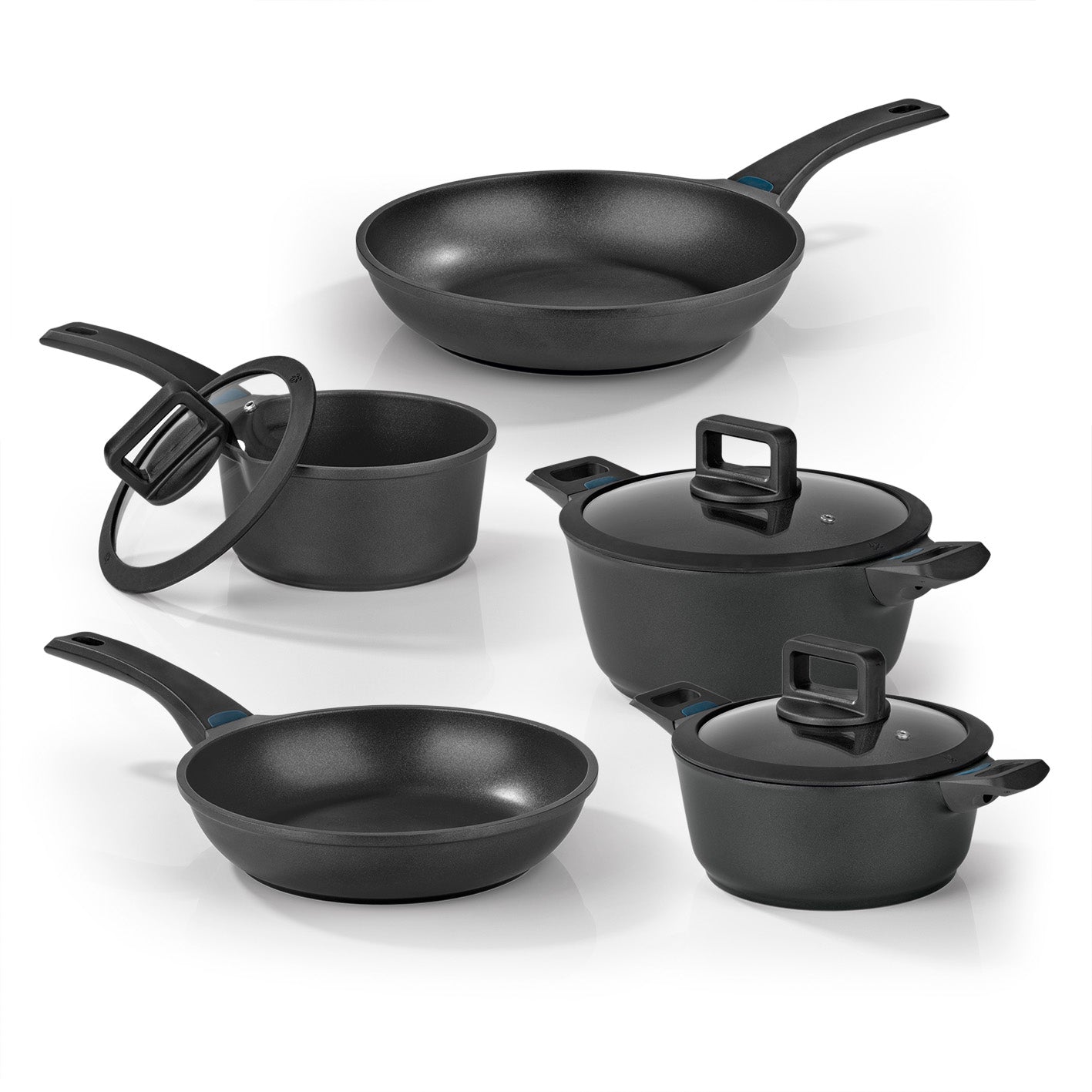 Aluguss-Topf- und Pfannen-Set - 8-teilig - Midnight Edition mit Antihaftbeschichtung, geeignet für alle Herdarten und Backofen bis 150 Grad.