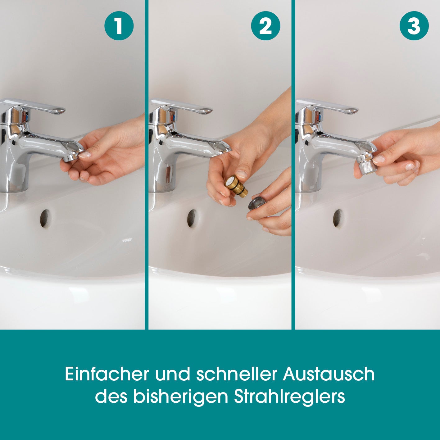 Strahlregler für Wasserarmaturen 3,5cm - Edelstahl, zeigt einfachen Austausch und Montage an einem Wasserhahn.