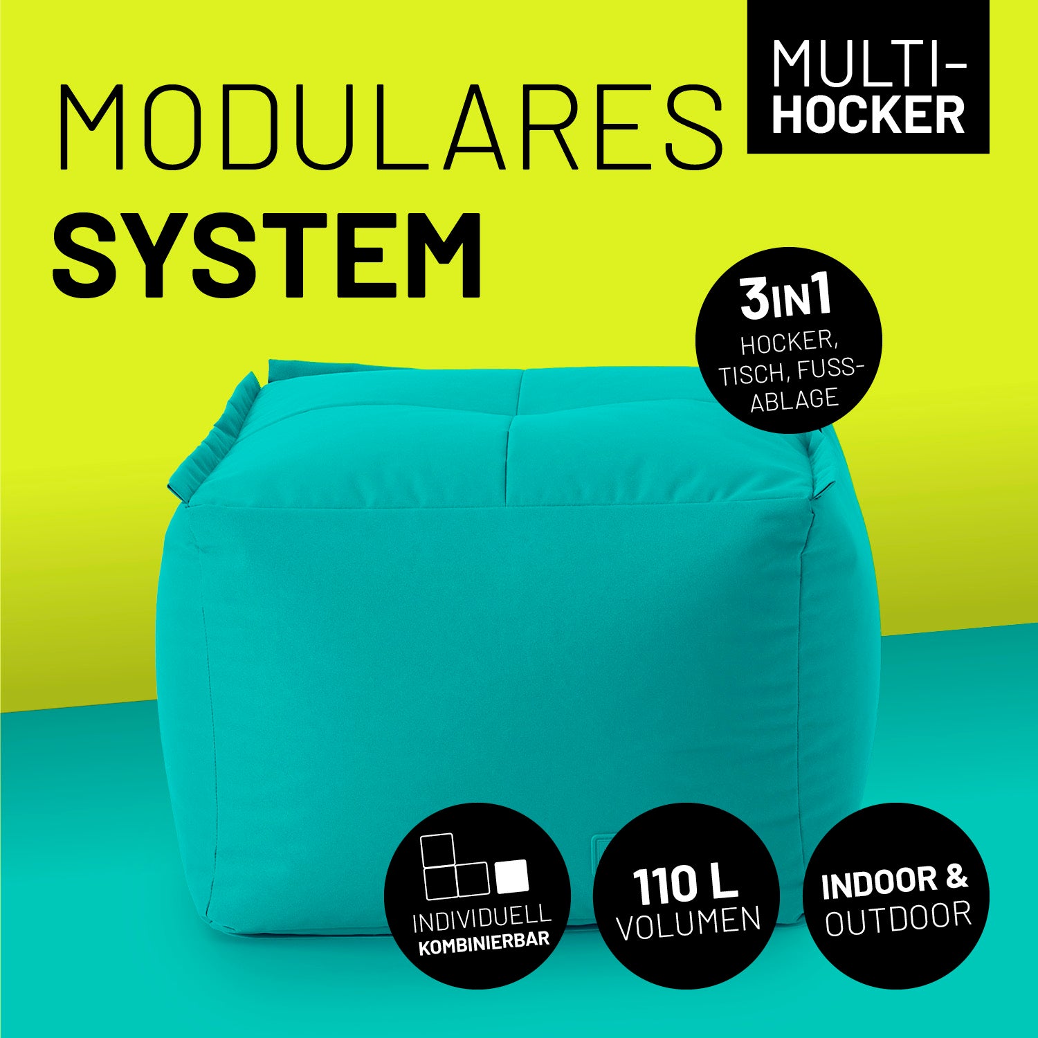 Sitzsack-Hocker (200 L) - Modulares System in Türkis, 3-in-1 Funktion, indoor & outdoor, vielseitig und robust mit Reißverschluss.