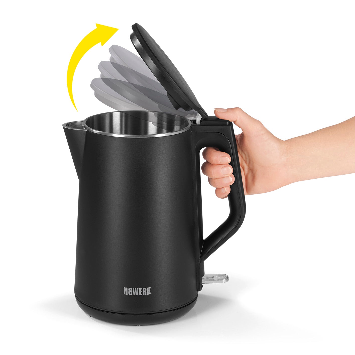 Wasserkocher in der Midnight Edition mit 1,5 L Fassungsvermögen, 2.200 W, Cool-Touch und 360° drehbar.