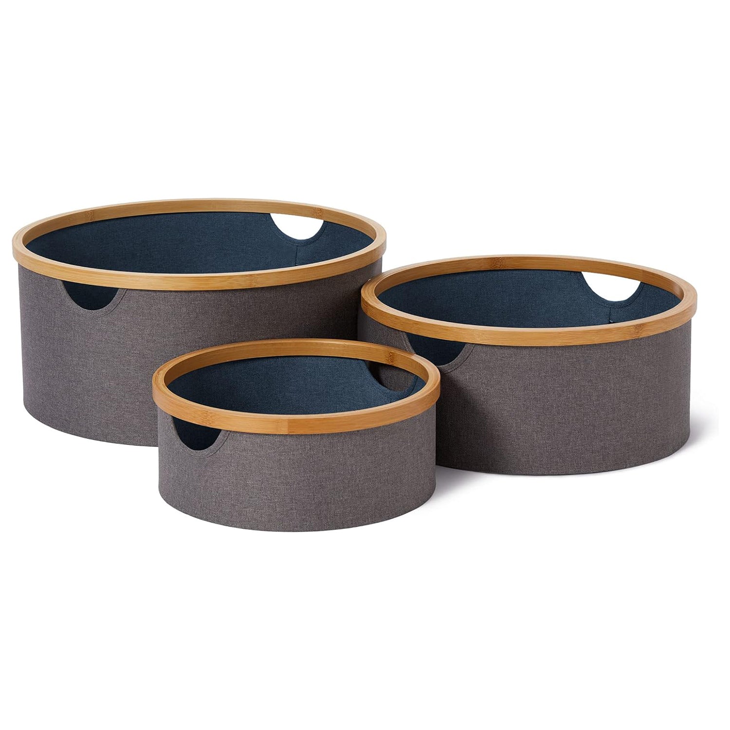 Bambus-Rahmen Aufbewahrungsbox rund - 3er-Set - Grau/Braun, stapelbare runde Boxen mit Bambusrahmen in drei Größen.