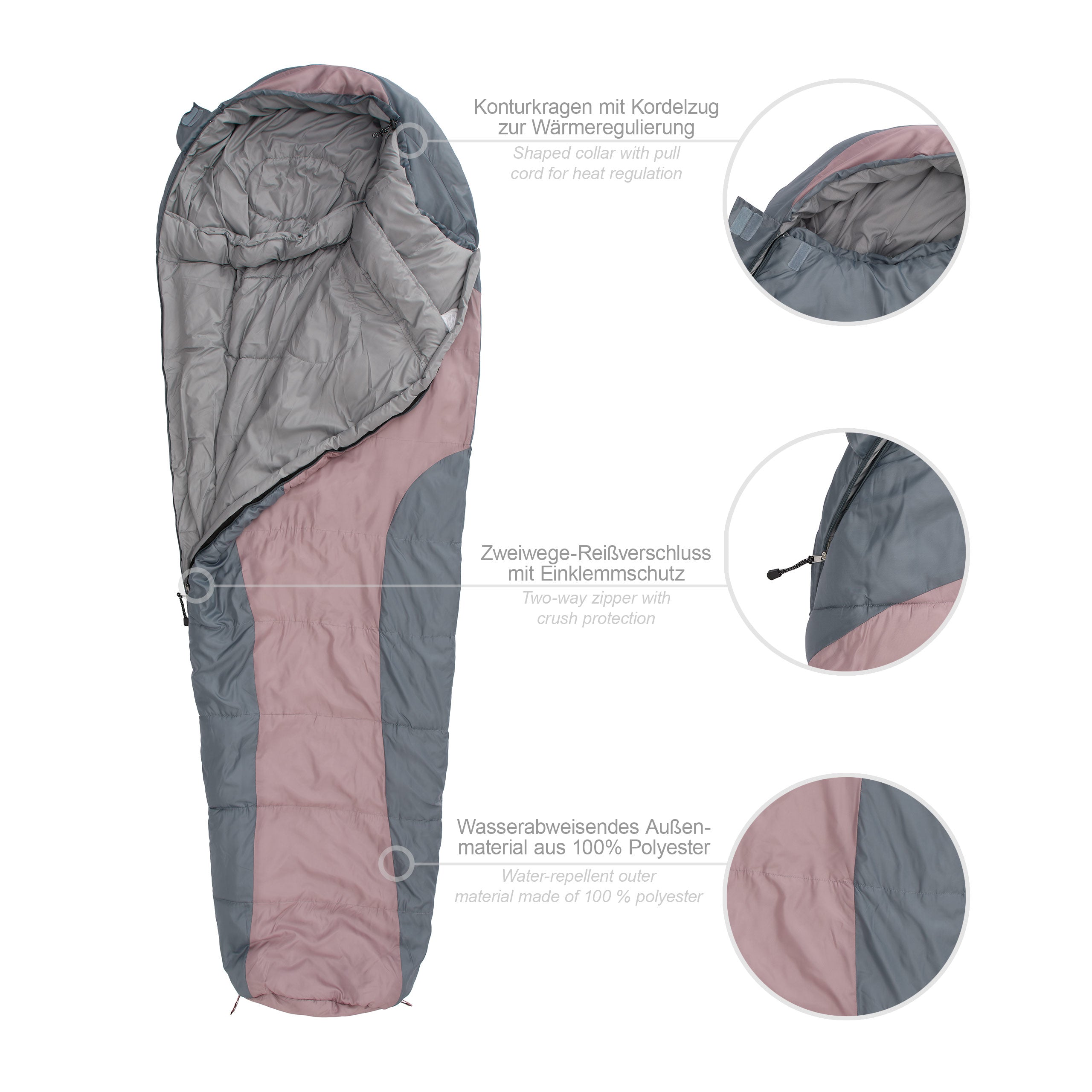 Camping Schlafsack Classic - Mumienschlafsack mit Tasche - 230 x 80 x 55 cm - Rosé