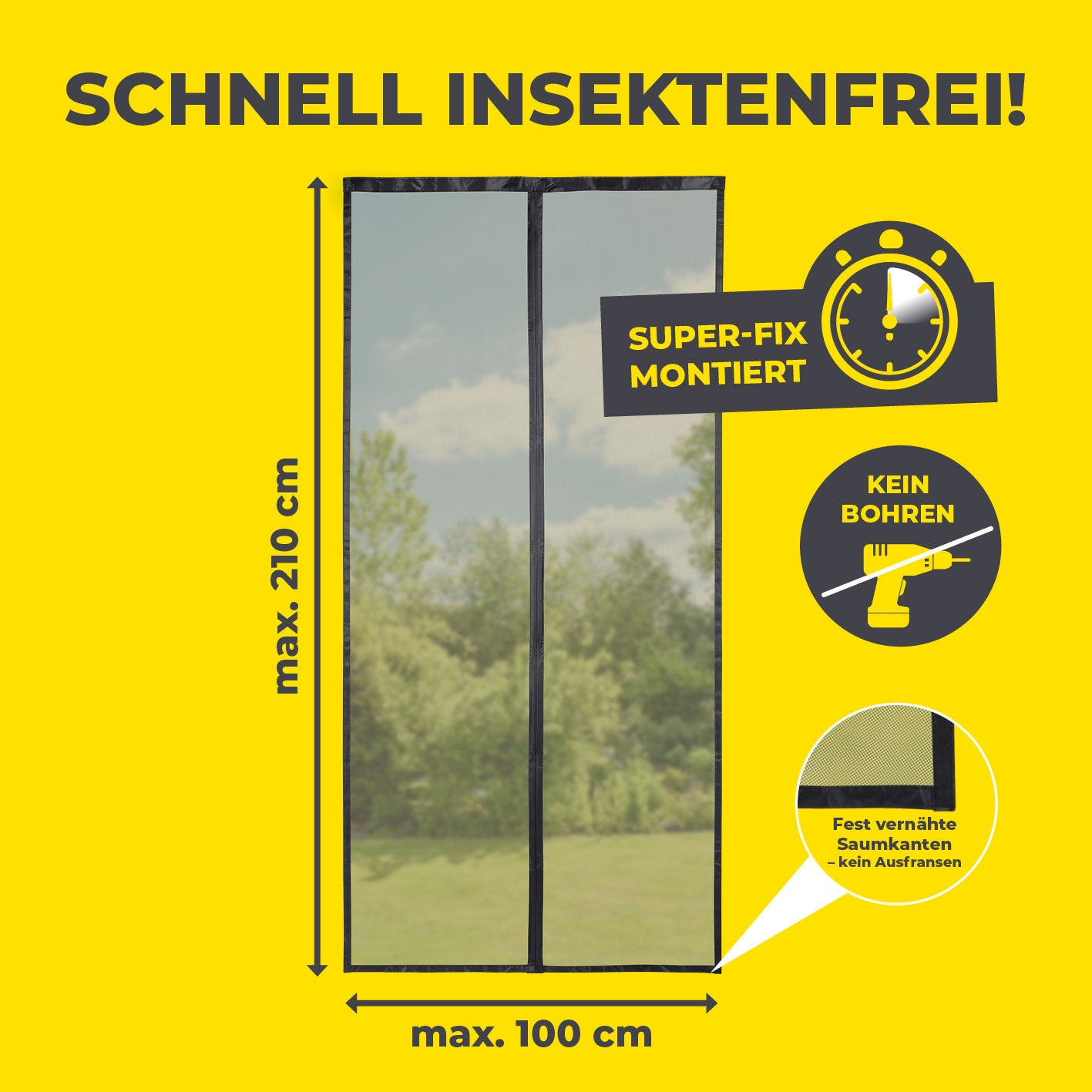 Insektenschutzvorhang mit eingenähten XXL-Magnetbändern - 100 x 210 cm - Schwarz, luftdurchlässig, ohne Bohren, Schnellmontage.