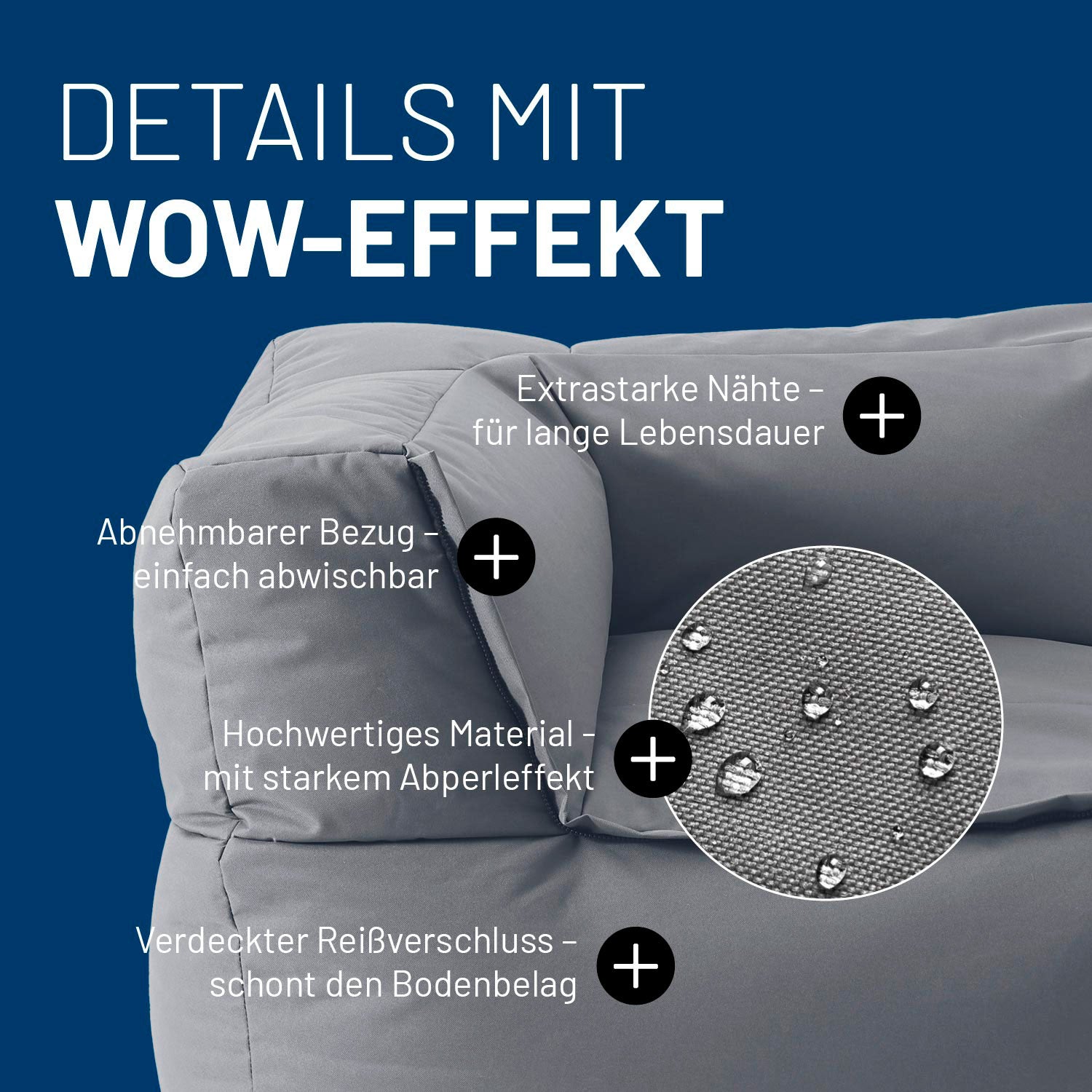 Sitzsack-Sofa Ecke (340 L) mit abnehmbarem Bezug, extrastarken Nähten, verdecktem Reißverschluss und abperleffektfähigem Material.