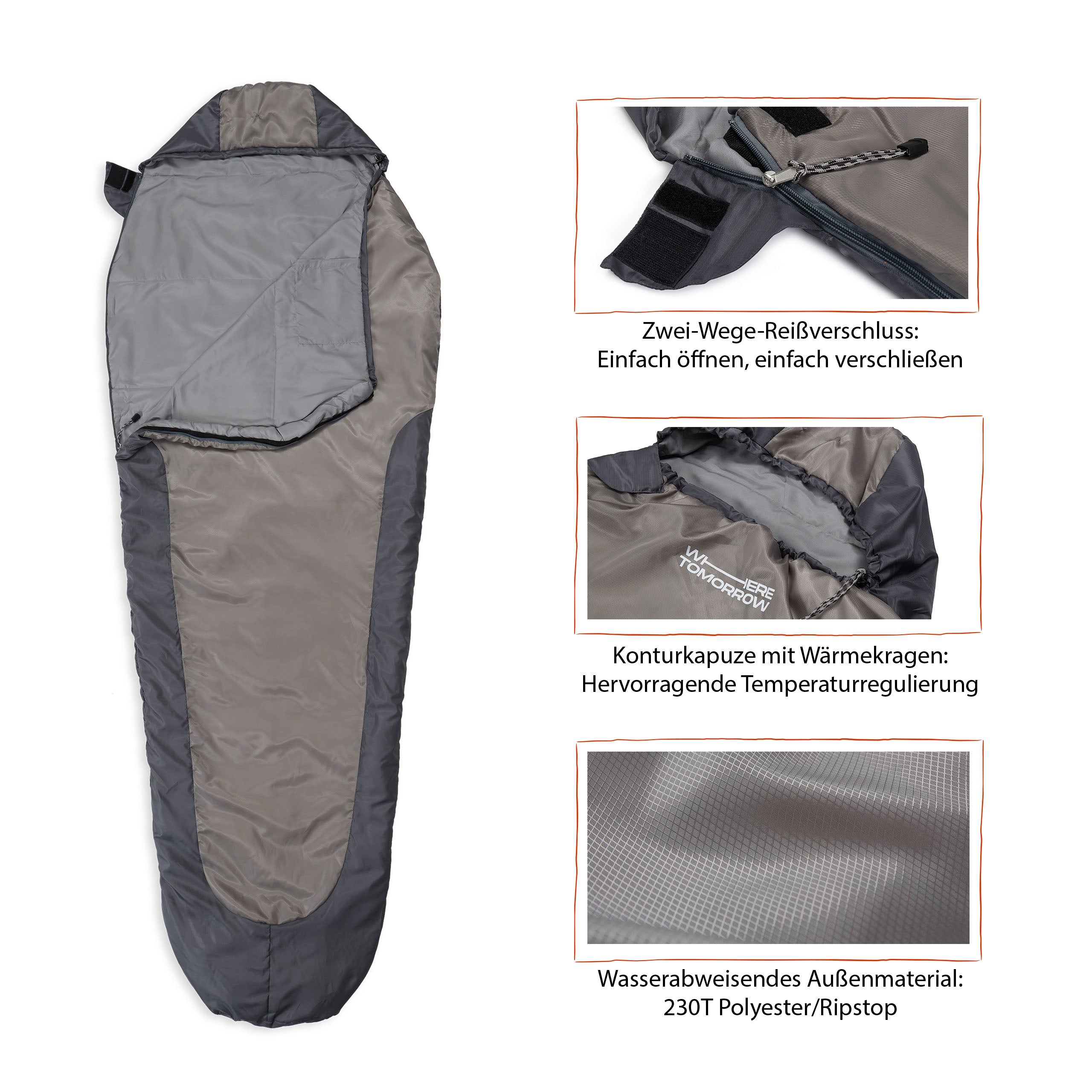 Camping Schlafsack Small & Light Mumienschlafsack hellgrau mit wasserabweisendem Außenmaterial und Konturkapuze, 220 x 80 x 50 cm.