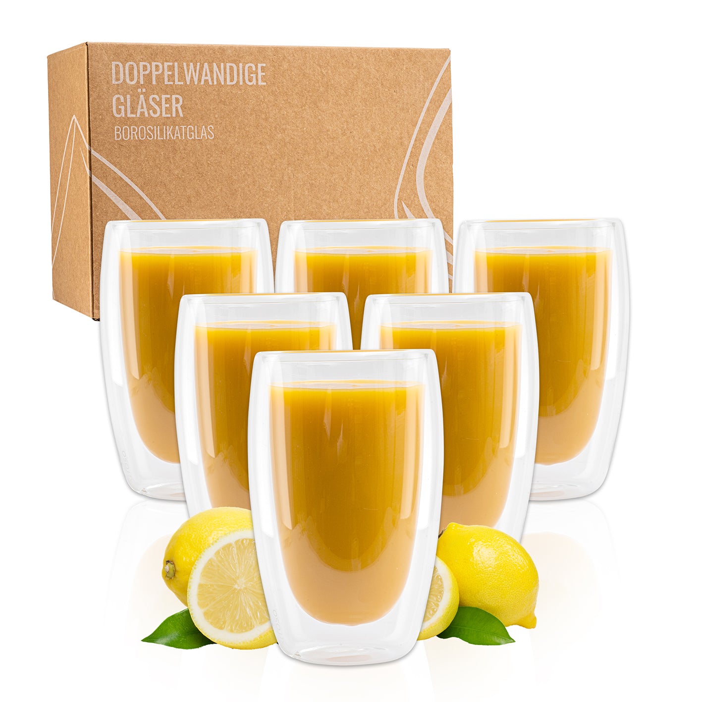 Latte Macchiato Gläser - 6er-Set, doppeltwandige 450 ml Gläser aus Borosilikatglas, ideal für heiße und kalte Getränke.