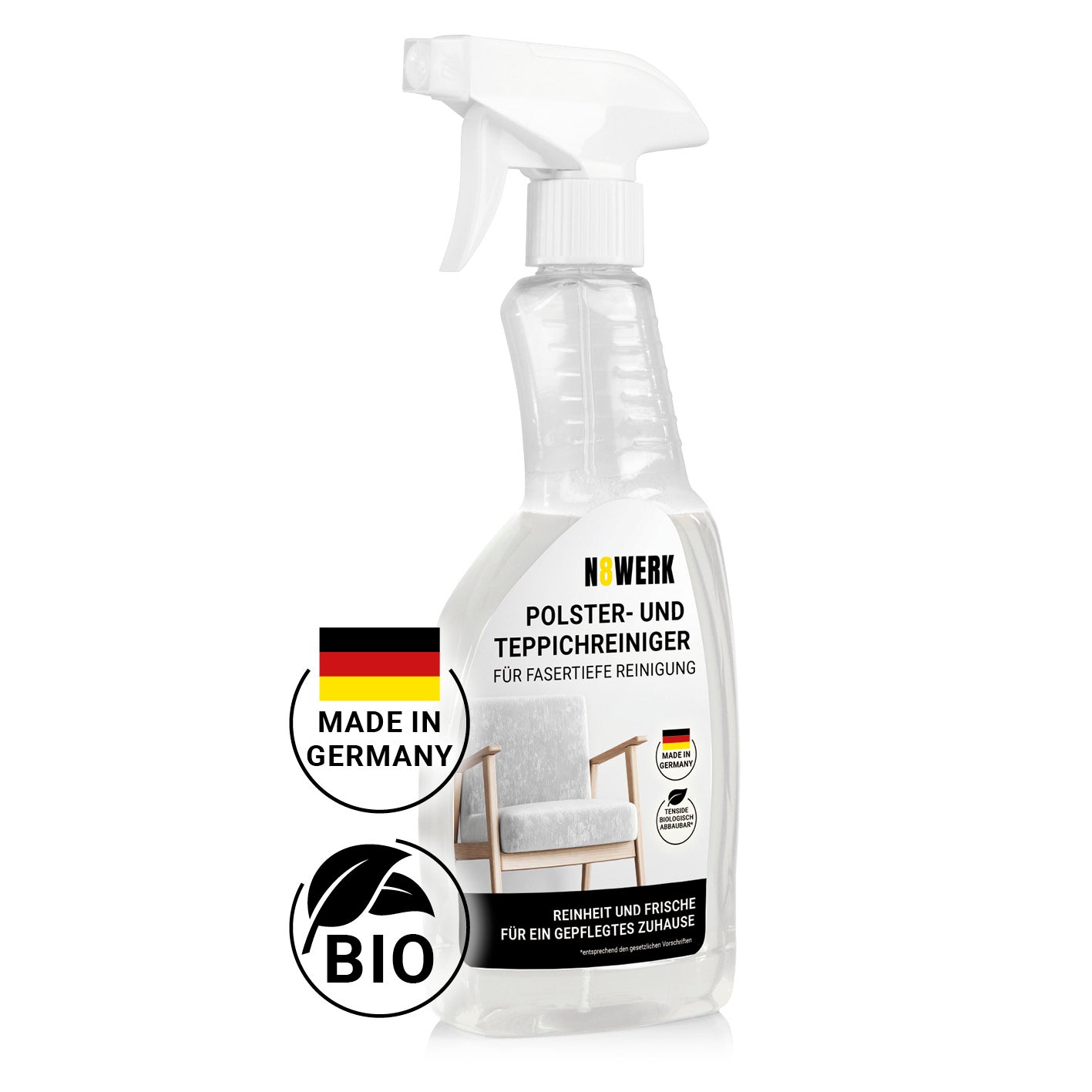 Polster- und Teppichreiniger von N8WERK, biologisch abbaubar, Made in Germany, effektiv für Polster, Teppiche und Auslegewaren.