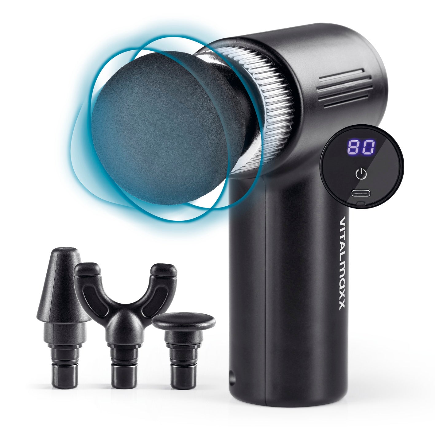 Massagegerät Mini-Gun - schwarz/silber mit 6 Stufen, 4 Aufsätzen, Lithium-Ionen-Akku für intensive Muskelentspannung unterwegs.
