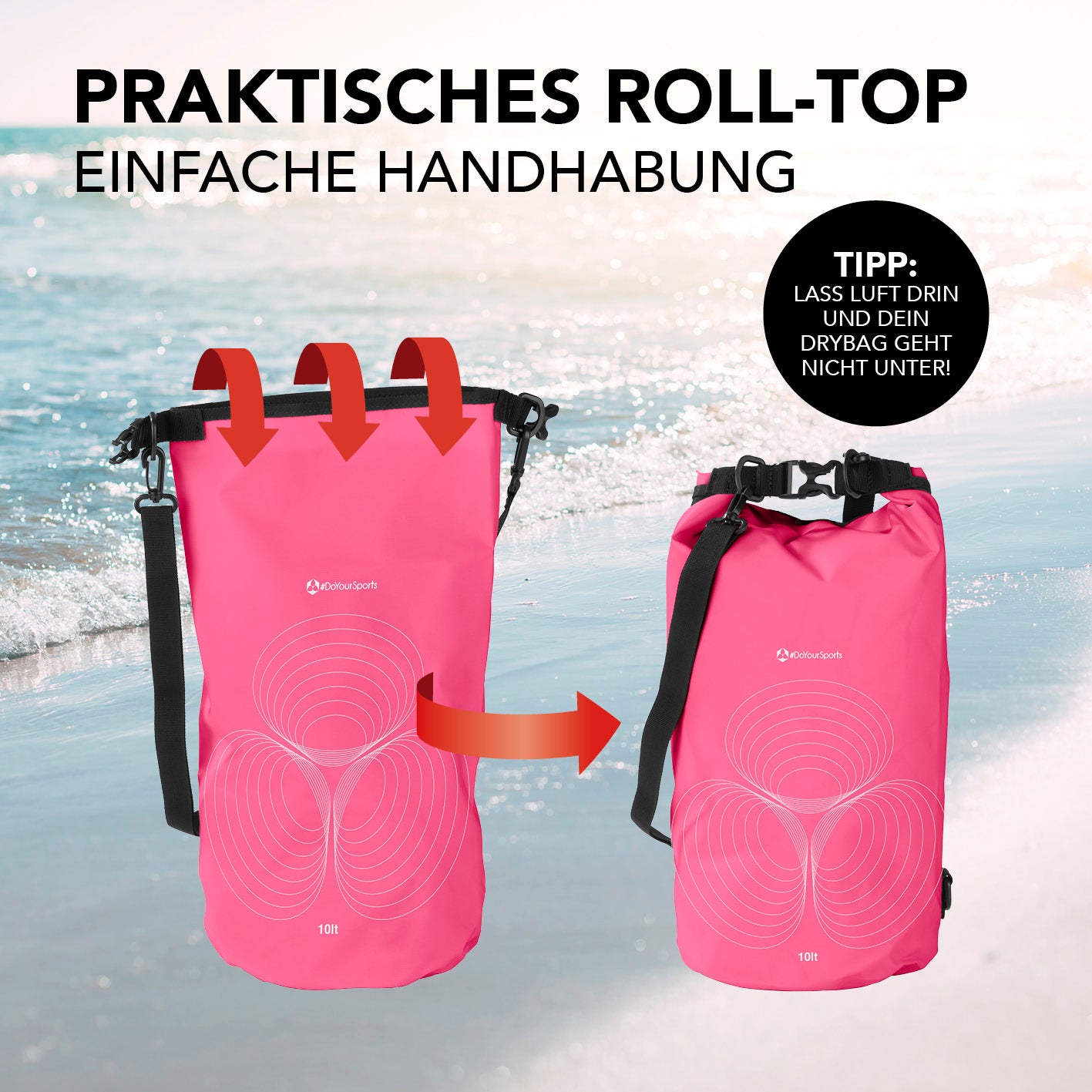 Dry Bag 10L - Pink mit wasserdichtem Rolltop-Verschluss, verstellbarem Schultergurt und robustem Material für Outdoor-Abenteuer.