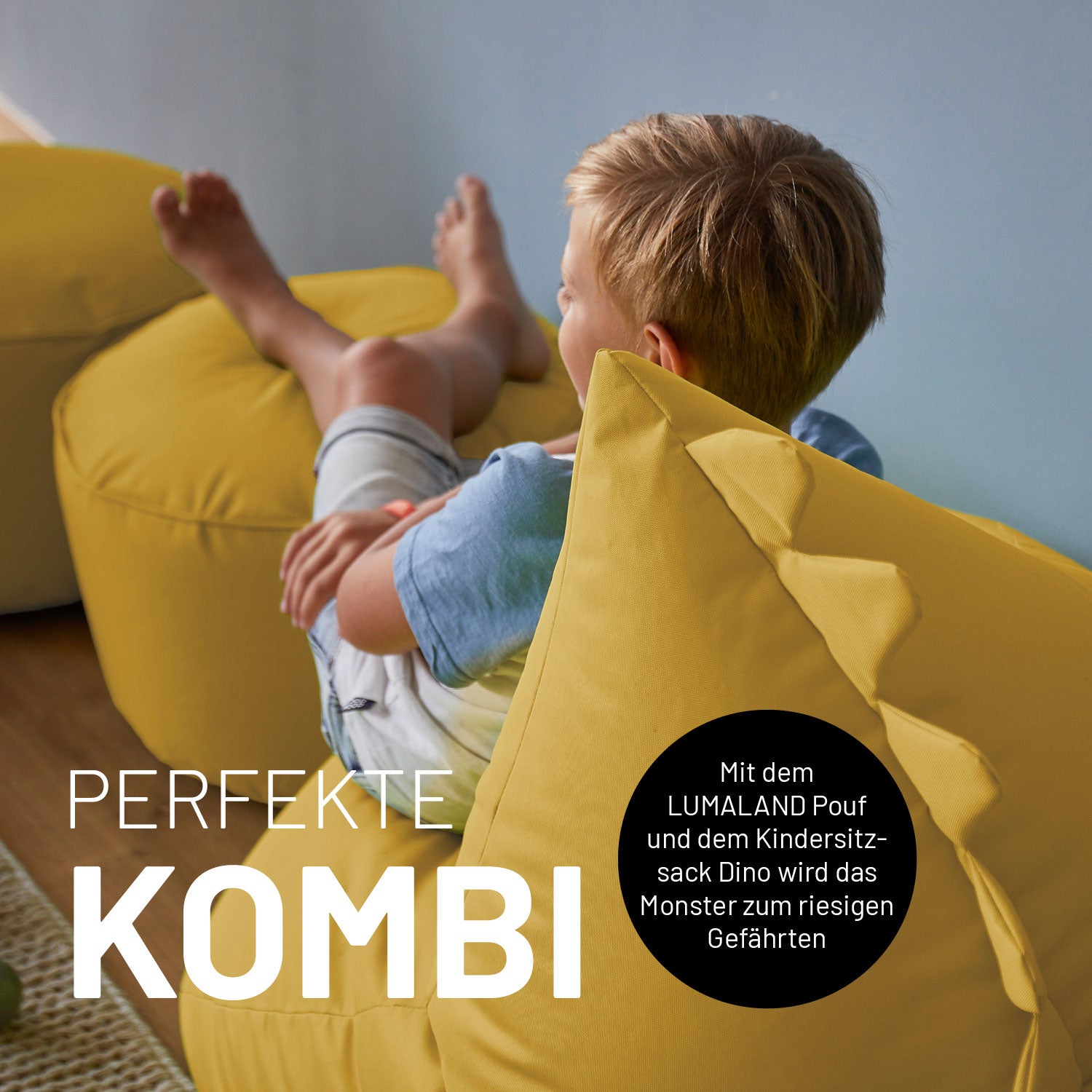 Kindersitzsack-Set "Dino" (4-tlg.) Senfgelb mit wasserabweisendem Bezug, ideal für drinnen und draußen, gemütlich und robust.