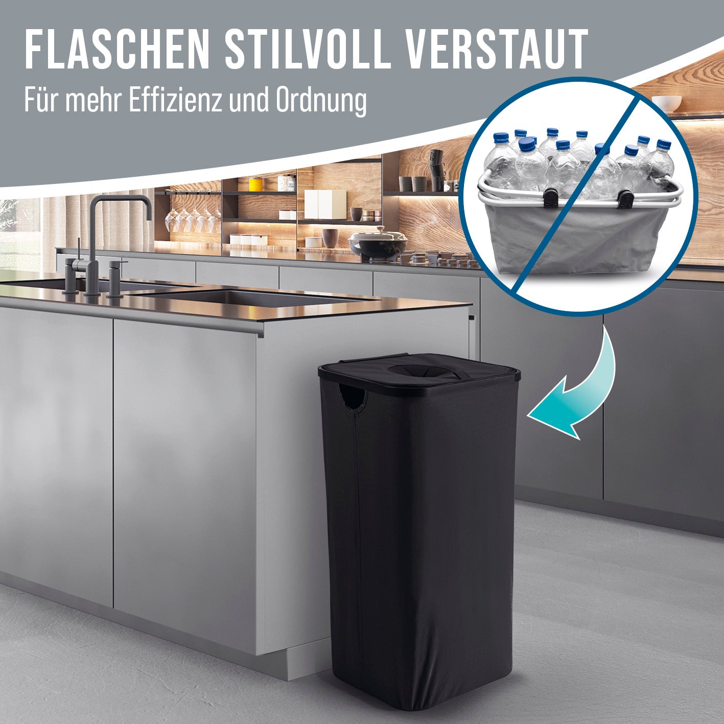 Pfandflaschen-Sammelbehälter - Schwarz, wasserabweisend, platzsparend, 100 l, mit abnehmbaren Taschen und sicherem Deckel für Flaschen bis 1,5 l.