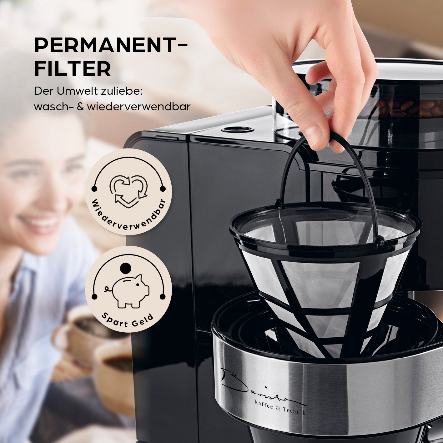 Filterkaffeemaschine Grind mit waschbarem Permanentfilter für nachhaltigen Kaffee-Genuss und einfache Reinigung.