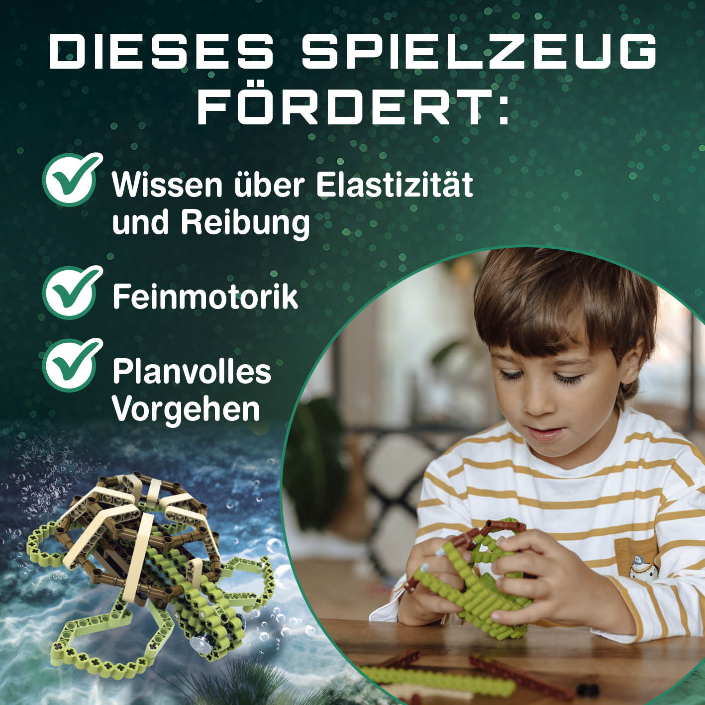 Baustein-Set Schildkröte fördert Wissen über Elastizität, Reibung, Feinmotorik und planvolles Vorgehen bei Kindern.