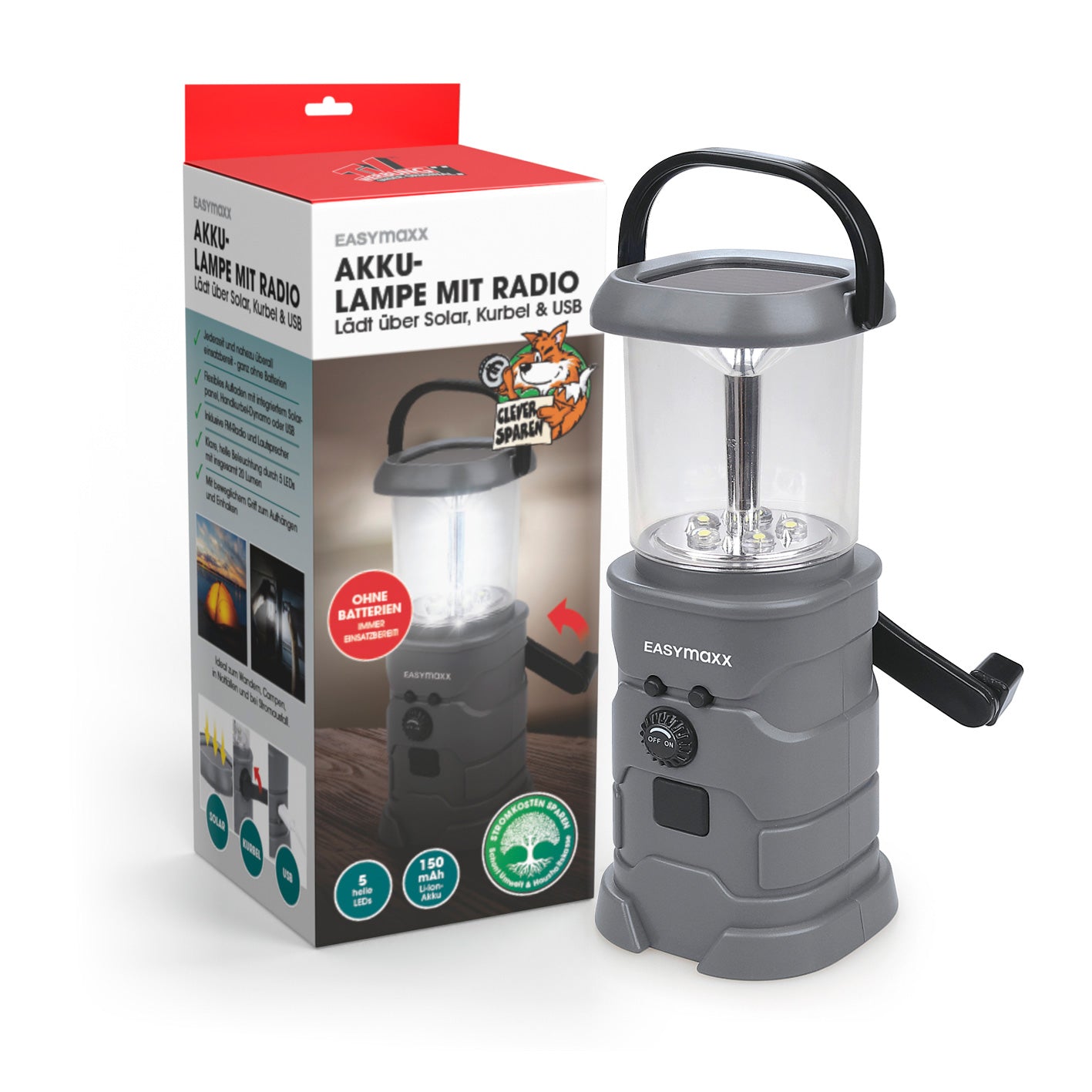 Akku-Lampe mit Radio - Lädt über Solar, Kurbel und USB