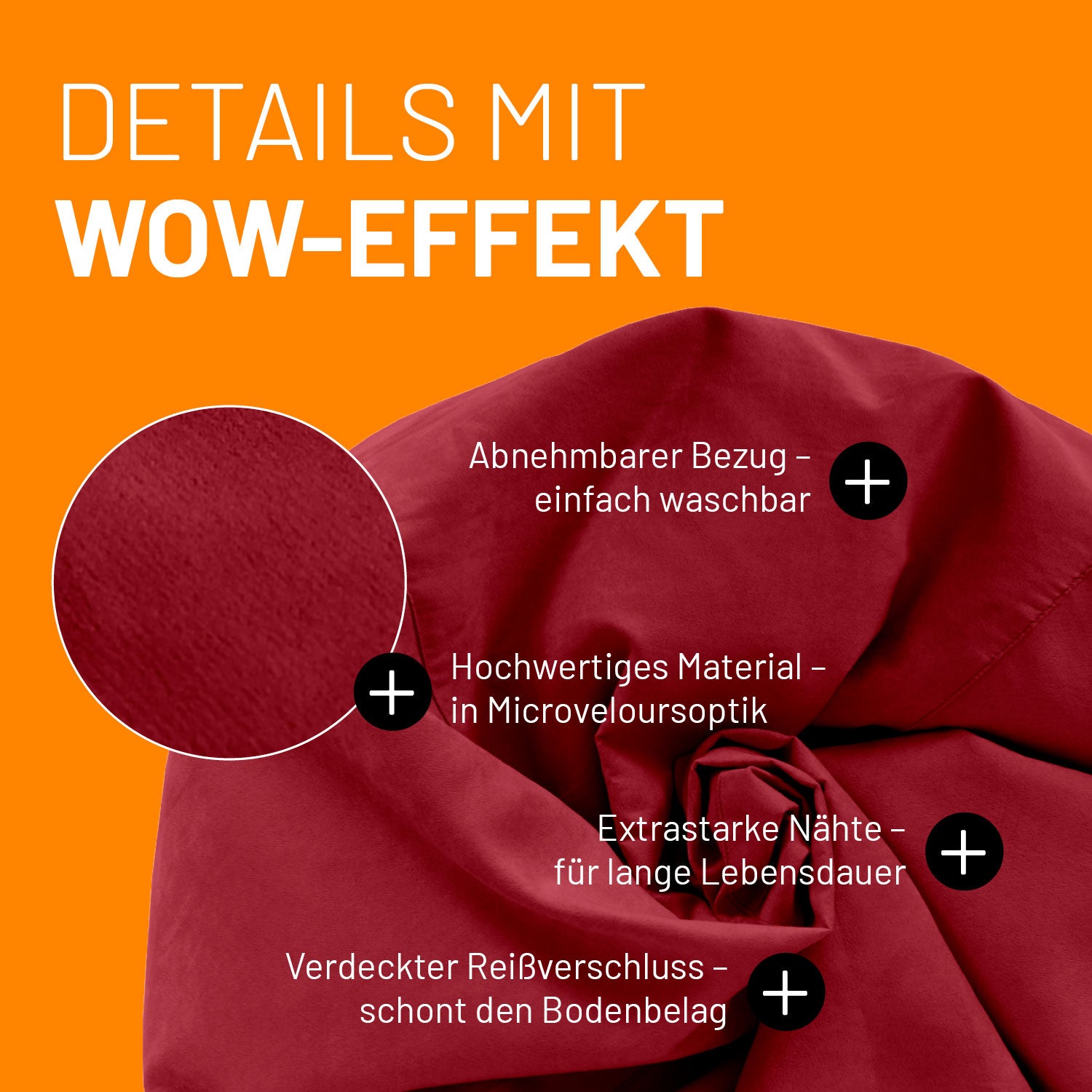 Luxury XL PLUS Sitzsack (220 L) - indoor - Rot mit abnehmbarem, waschbarem Bezug aus hochwertigem Microvelours und robusten Nähten.