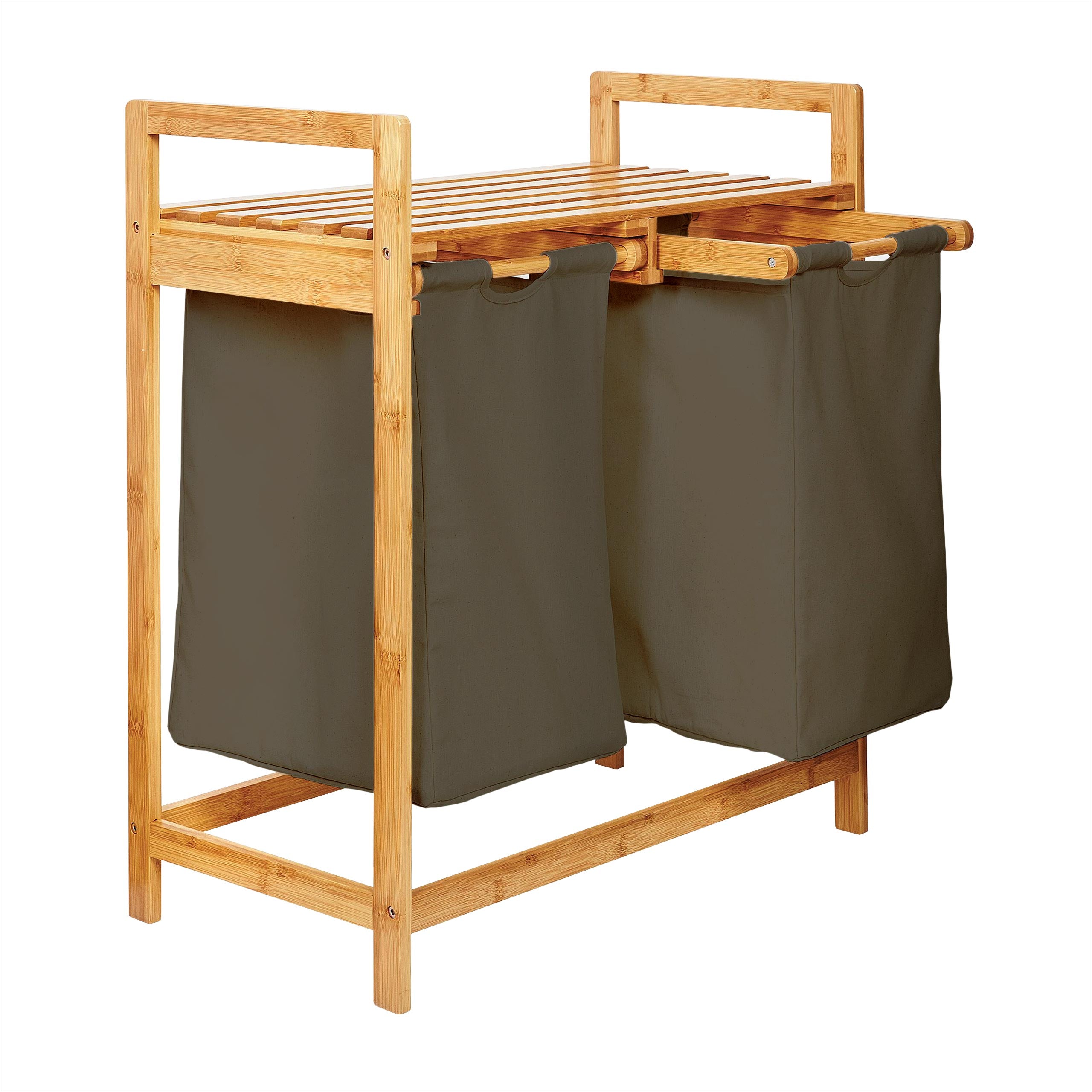 Bambus Wäschekorb mit 2 ausziehbaren Wäschesacken - 73 x 64 x 33 cm - Oliv
