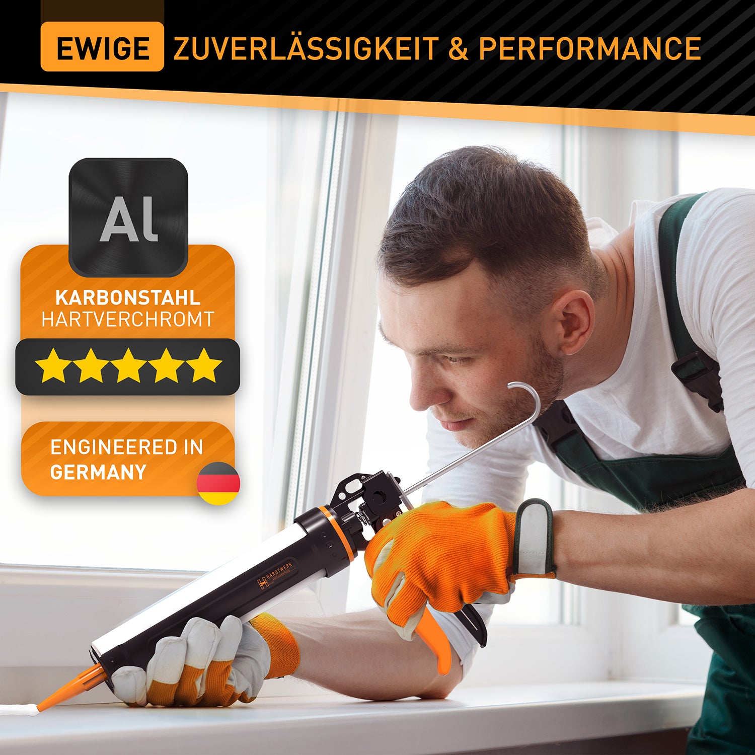 Profi Kartuschenpresse mit Kartuschen-Cutter zeigt Handwerker, der präzise Silikon- oder Acryl-Dosierung an Fensterrahmen anwendet.