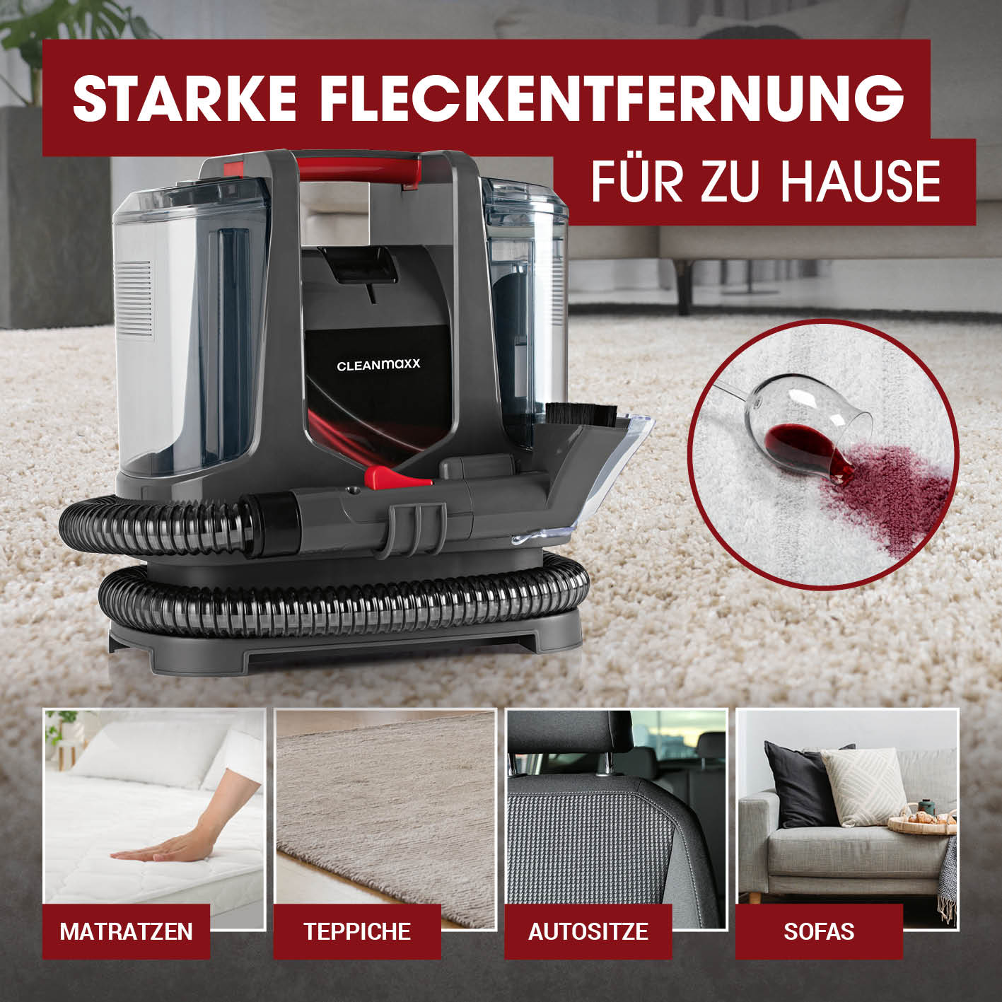 Polster- & Teppichreiniger CLEANmaxx mit Dual-Tank und Bürstendüse für kraftvolle Fleckenentfernung auf Matratzen, Teppichen, Autositzen und Sofas.
