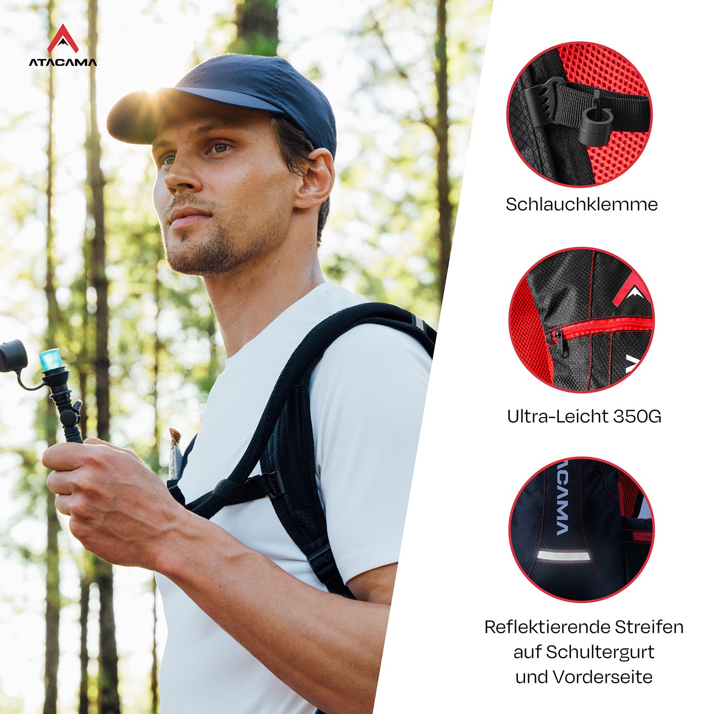 Trinkrucksack für 2 L Trinkblase - Rot, ultraleicht, wasserfest, mit reflektierenden Streifen und Schlauchklemme für Outdoor-Sportarten.