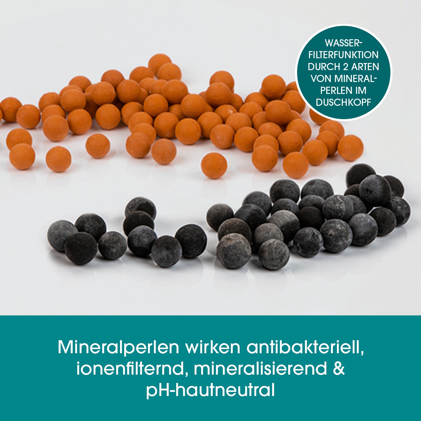 Duschkopf LED-Farbwechsel 6cm mit Mineralkugeln zeigt antibakterielle, mineralisierende Mineralperlen in Orange und Schwarz für Wasserfilterfunktion.