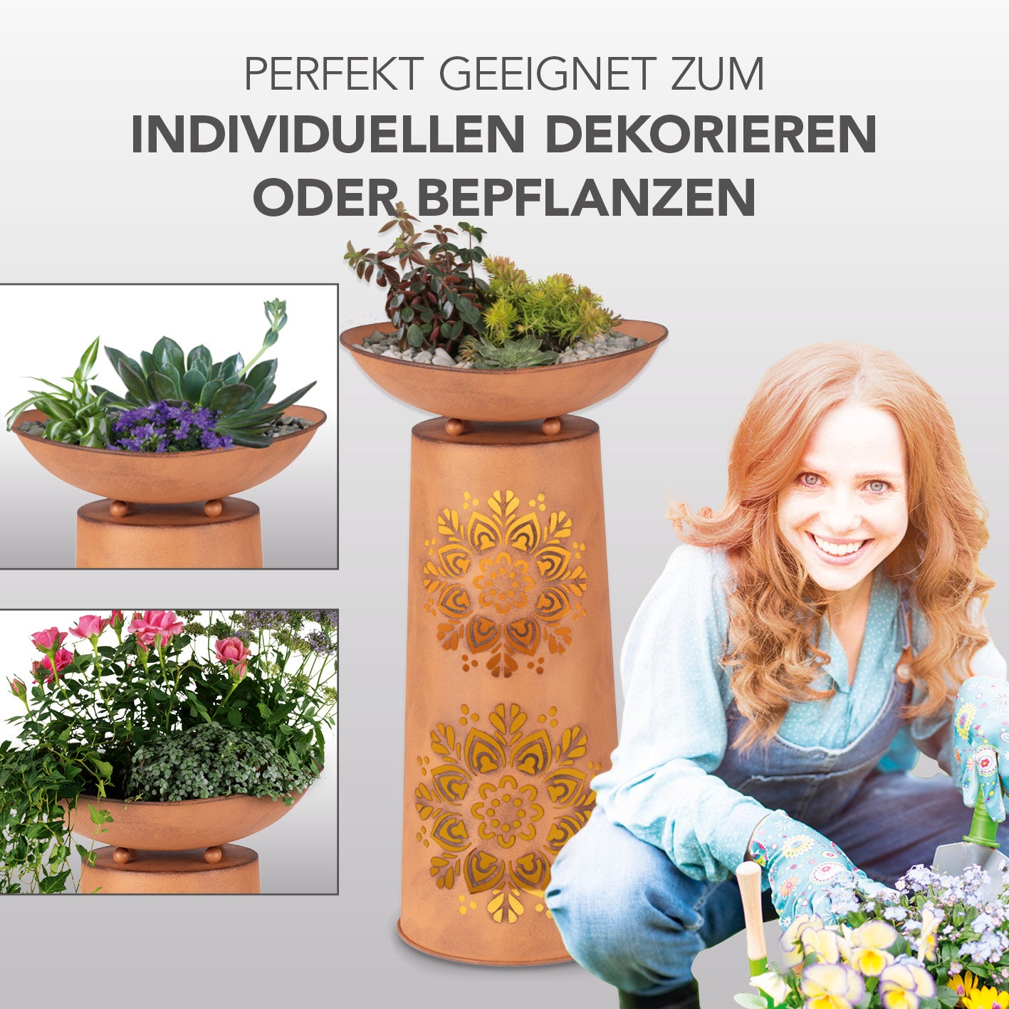 LED-Dekosäule mit Pflanzschale - Rost-Optik Mandala mit Solar-LED und ausgeschnittenem Mandala-Muster für drinnen und draußen.