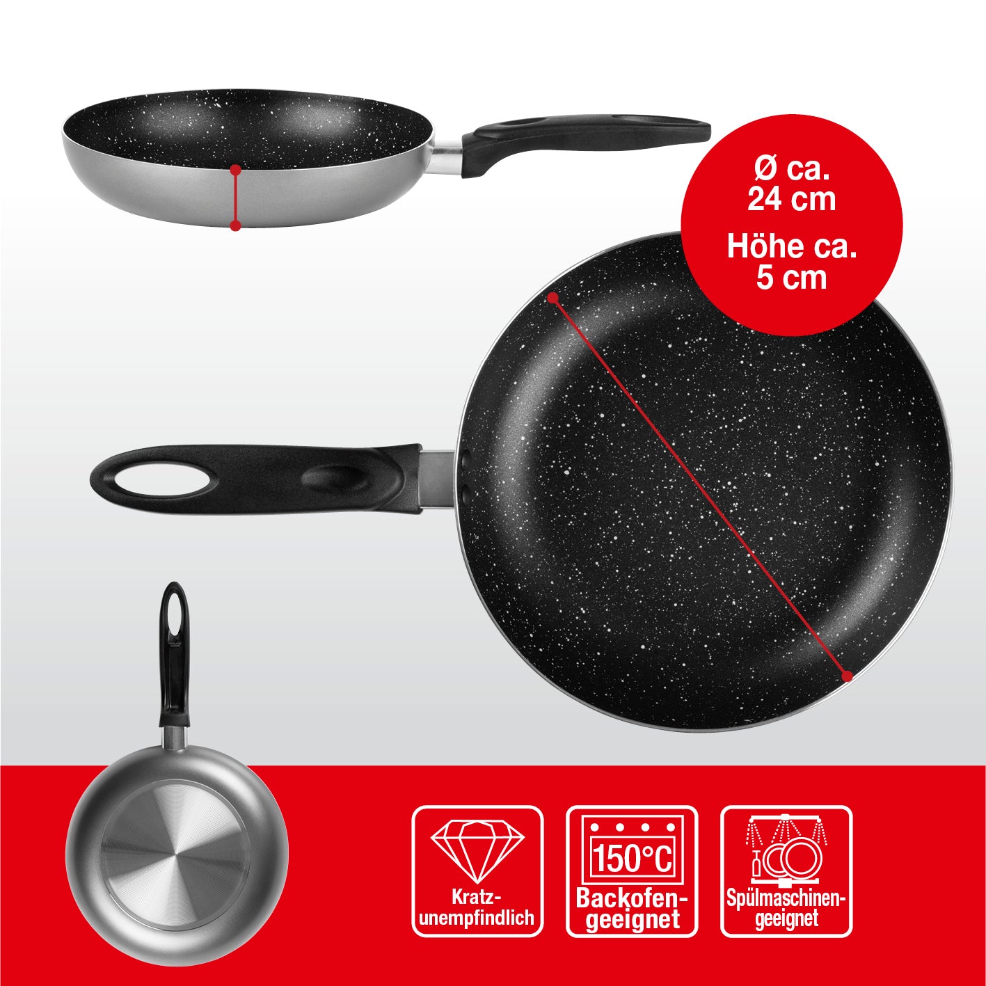 Aluminium-Pfanne mit Cool-Touch-Griff - 24 cm - anthrazit, antihaftbeschichtet, hitzebeständig bis 150 °C, spülmaschinengeeignet.