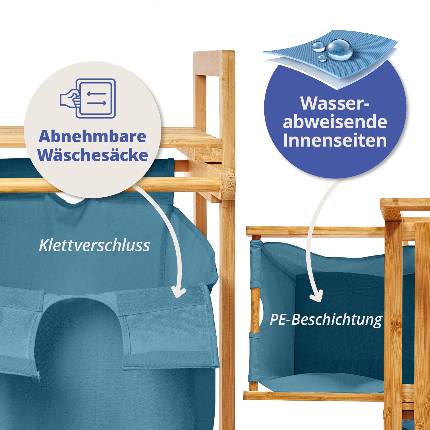 Bambus Wäschekorb mit 2 ausziehbaren Wäschesacken - 73 x 64 x 33 cm - Blau