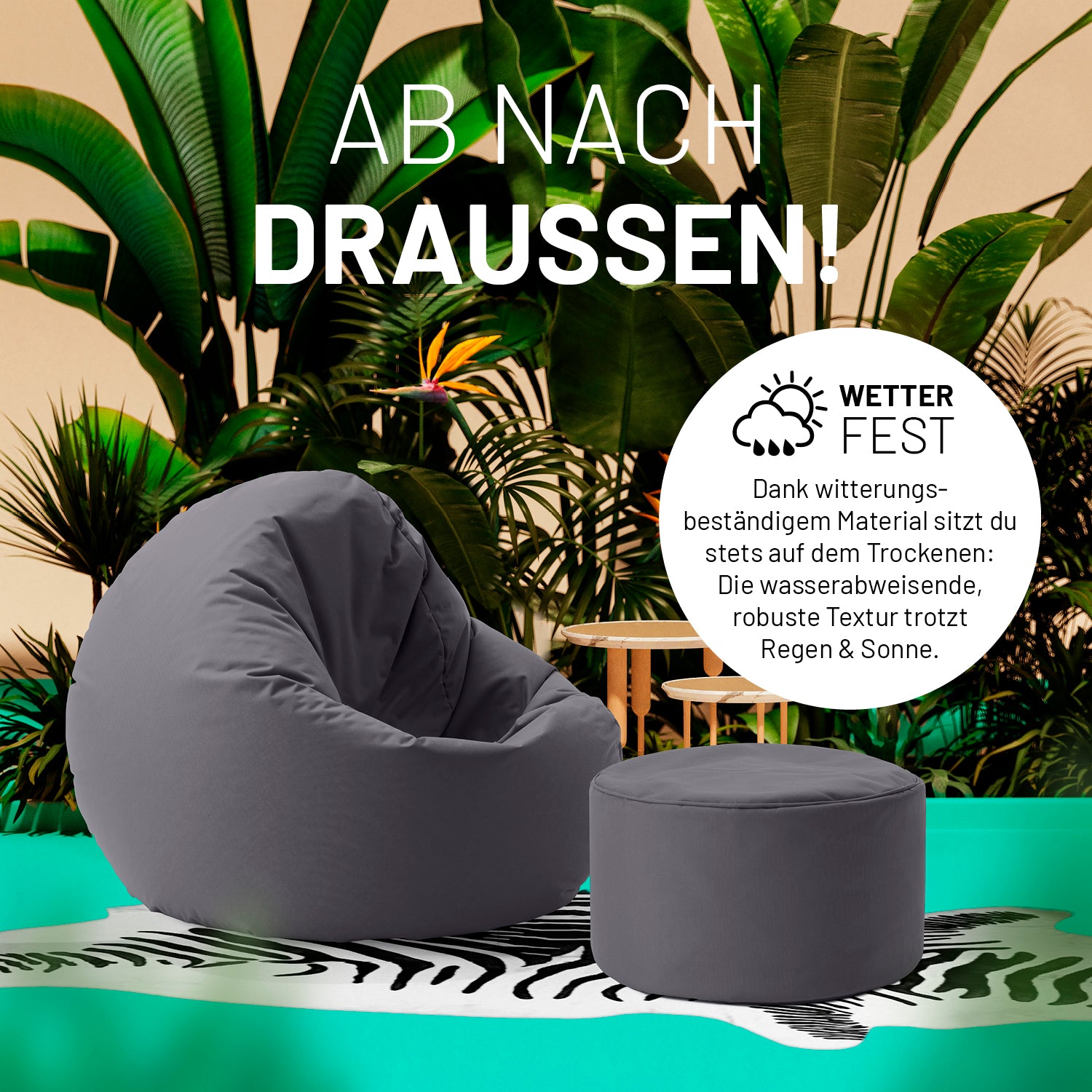 Sitzsack-Hocker/Pouf (50 L) Anthrazit, wetterfest, leicht, multifunktional für indoor & outdoor, mit verdecktem Reißverschluss und deutscher EPS-Füllung.