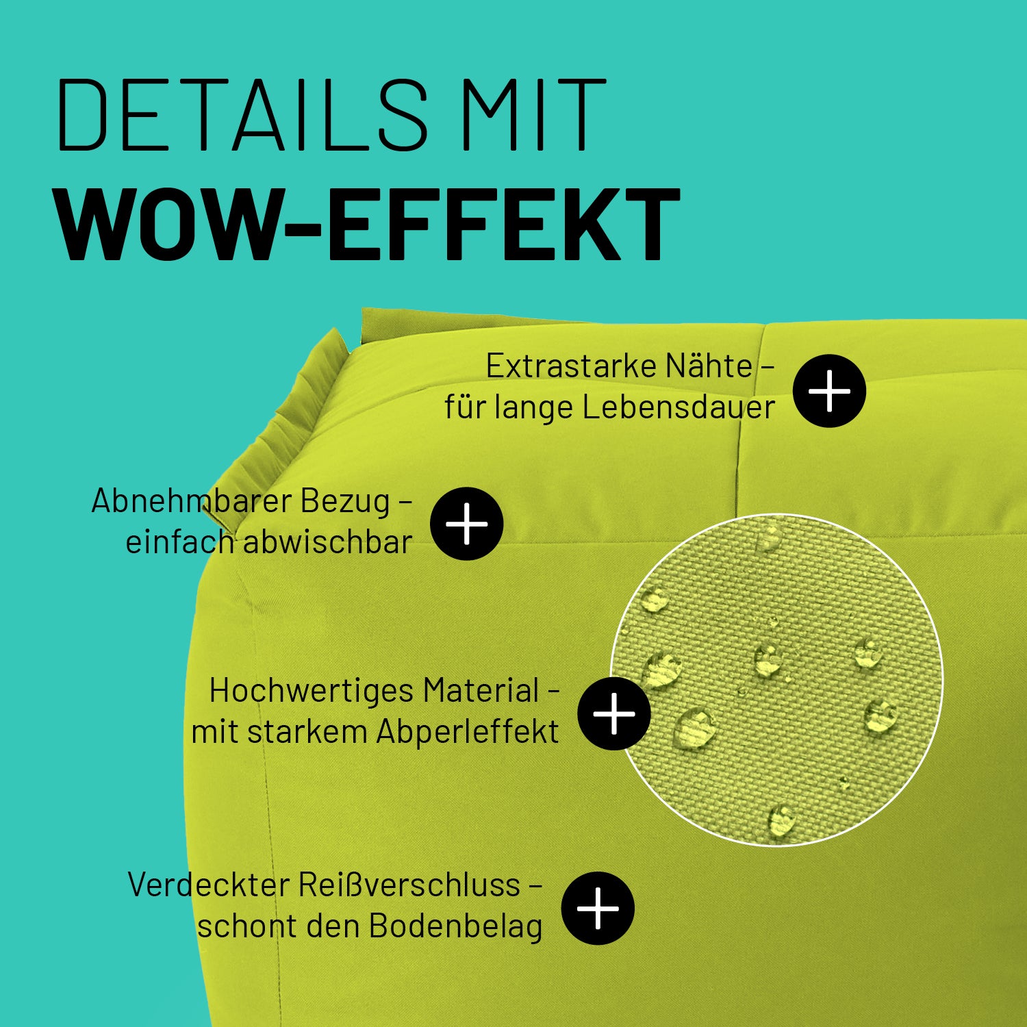 Basic Set (5-tlg.) - Modulares System - In- & outdoor - Apfelgrün mit abnehmbarem Bezug, Abperleffekt, verdecktem Reißverschluss und extrastarken Nähten.