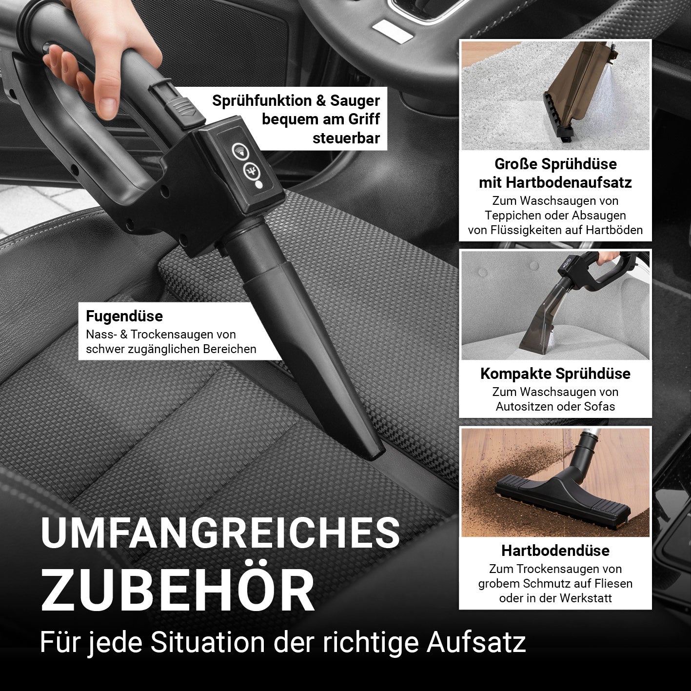 Sprüh- und Waschsauger Power Clean mit vielseitigen Düsen für Nass- und Trockensaugen auf Polstern, Teppichen und Hartböden