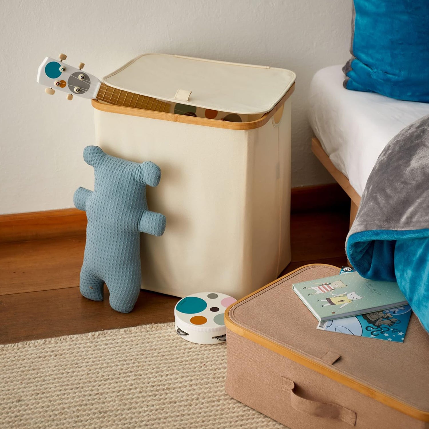 Aufbewahrungsbox mit Bambus-Rahmen - 3er-Set in Grau/Blau, faltbar, stabil und platzsparend für Zuhause von LUMALAND.