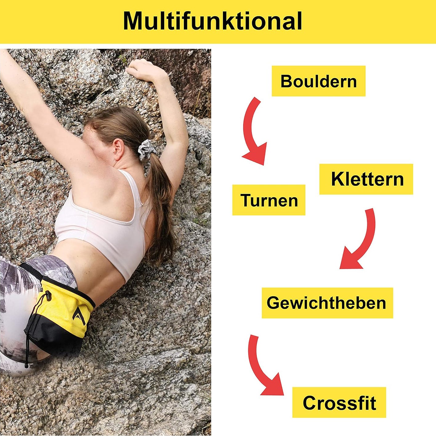 Kreidebeutel - Hüftgurt - Gelb, vielseitig für Bouldern, Klettern, Turnen, Crossfit, verstellbarer Gurt, sichere Reißverschlusstasche.